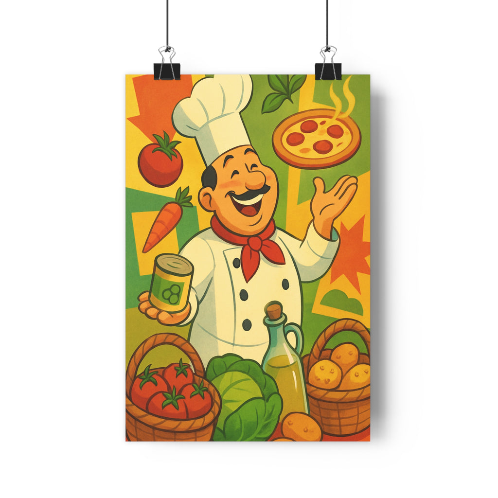 Poster décoratif cartoon vert jaune rouge joyeux cuisine salon chef ingrédients cuisine coloré chaleureux