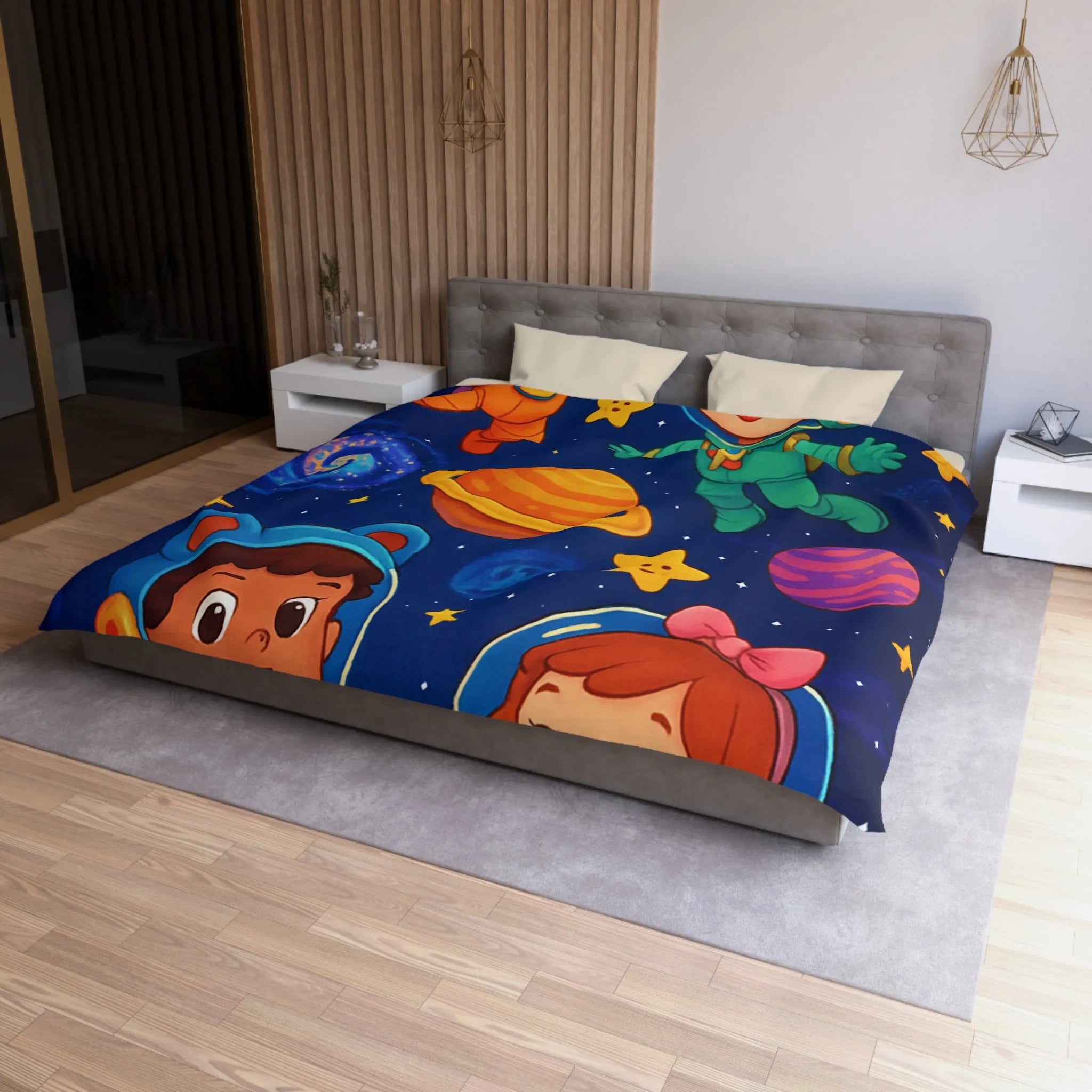 Housse de Couette Enfant : Aventure Cosmique avec Astronautes et Étoiles Colorées Stylisées