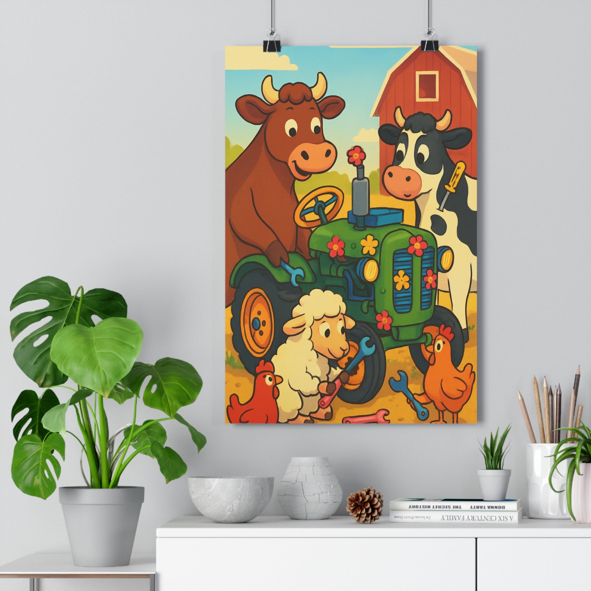 Poster décoratif cartoon vert rouge bleu joyeux chambre enfant ferme animaux coloré unique original