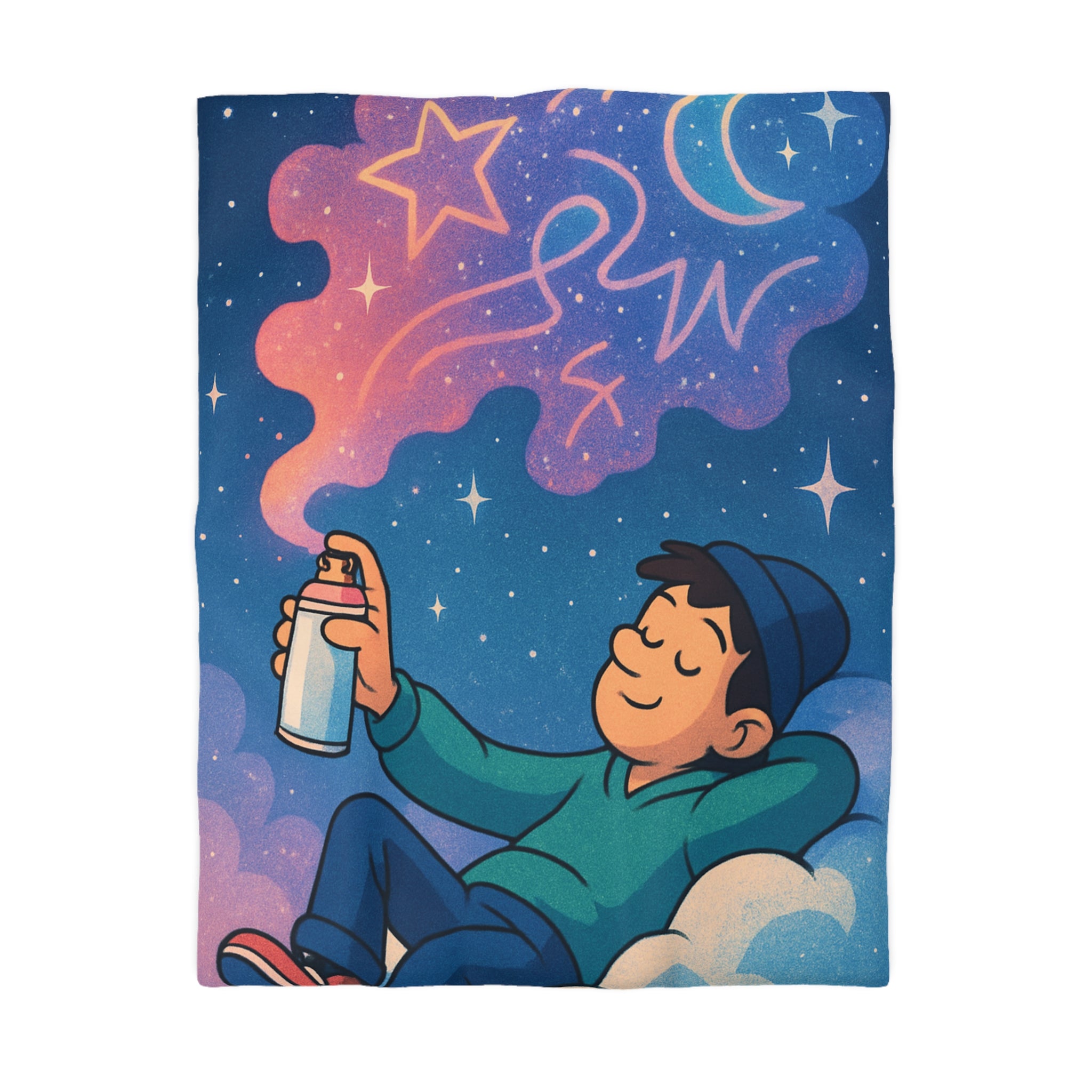 Housse de couette rêve étoilé avec jeune garçon et spray cosmique coloré