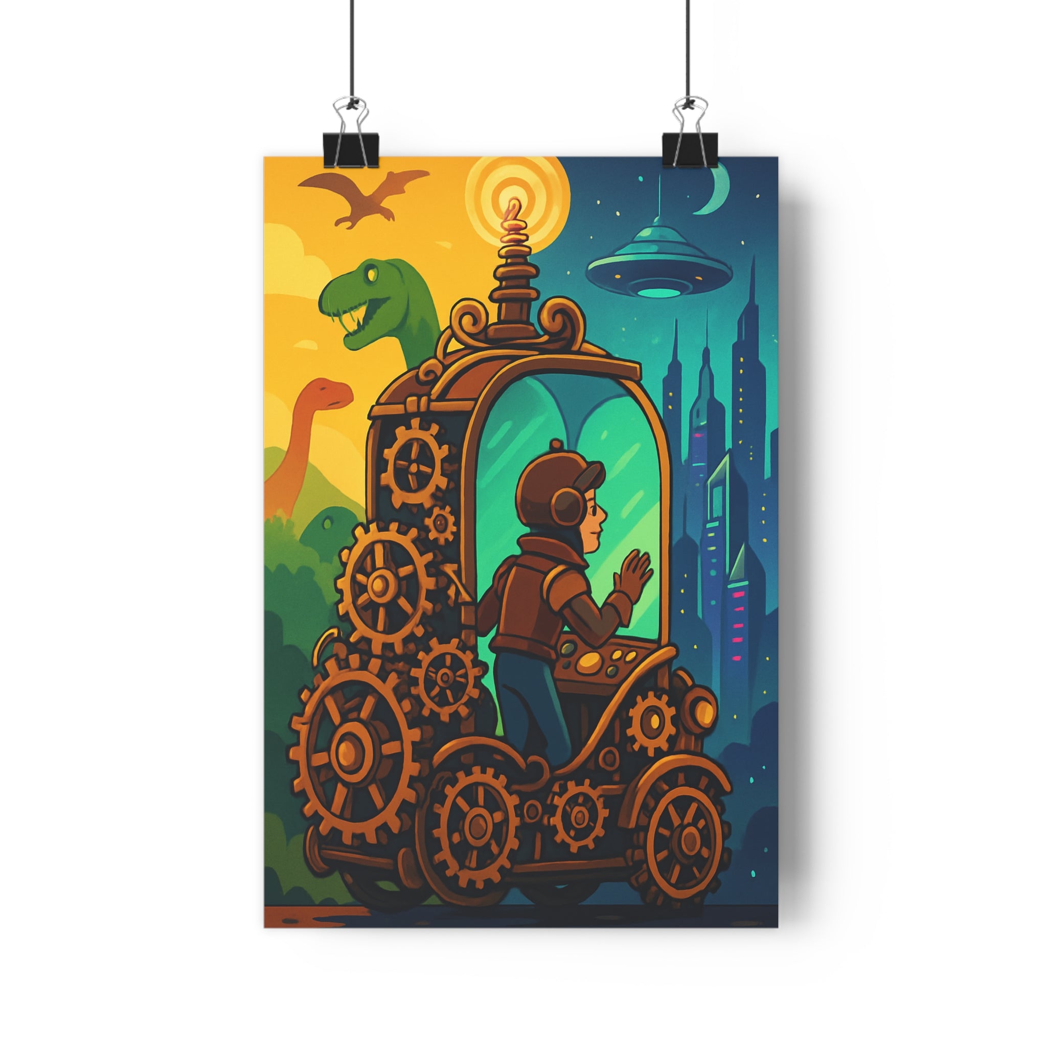 Poster décoratif rétro steampunk jaune futuriste aventure salon chambre vibrant captivant élégant urbain unique