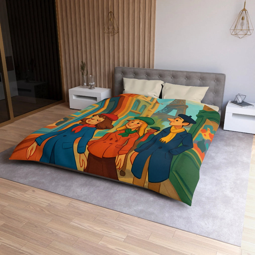 Housse de couette illustrée Paris promenade style rétro avec amis et Tour Eiffel