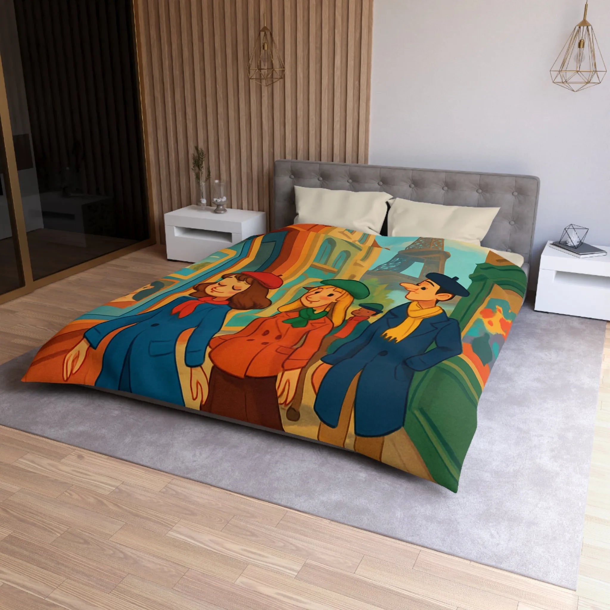 Housse de couette illustrée Paris promenade style rétro avec amis et Tour Eiffel