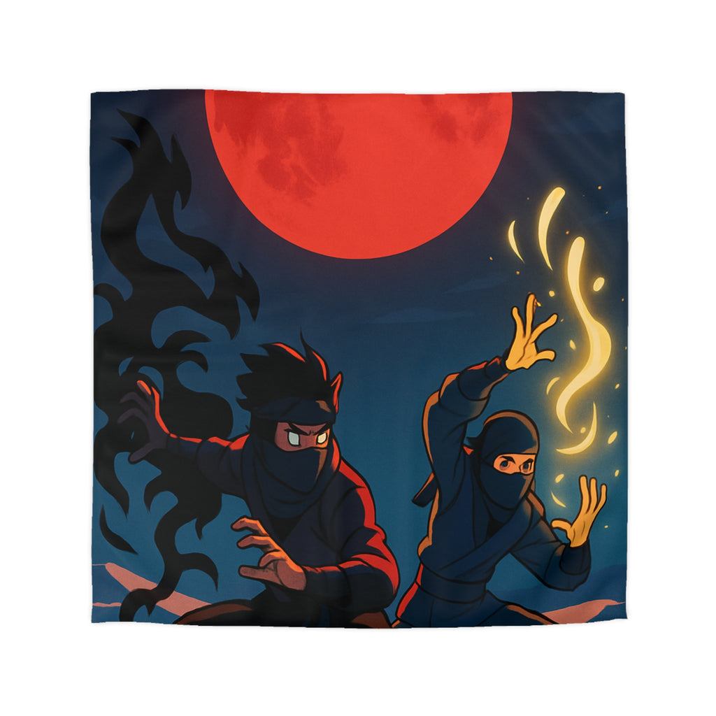 Housse de Couette Ninja avec Lune Rouge et Pouvoirs Mystiques en Fond Sombre