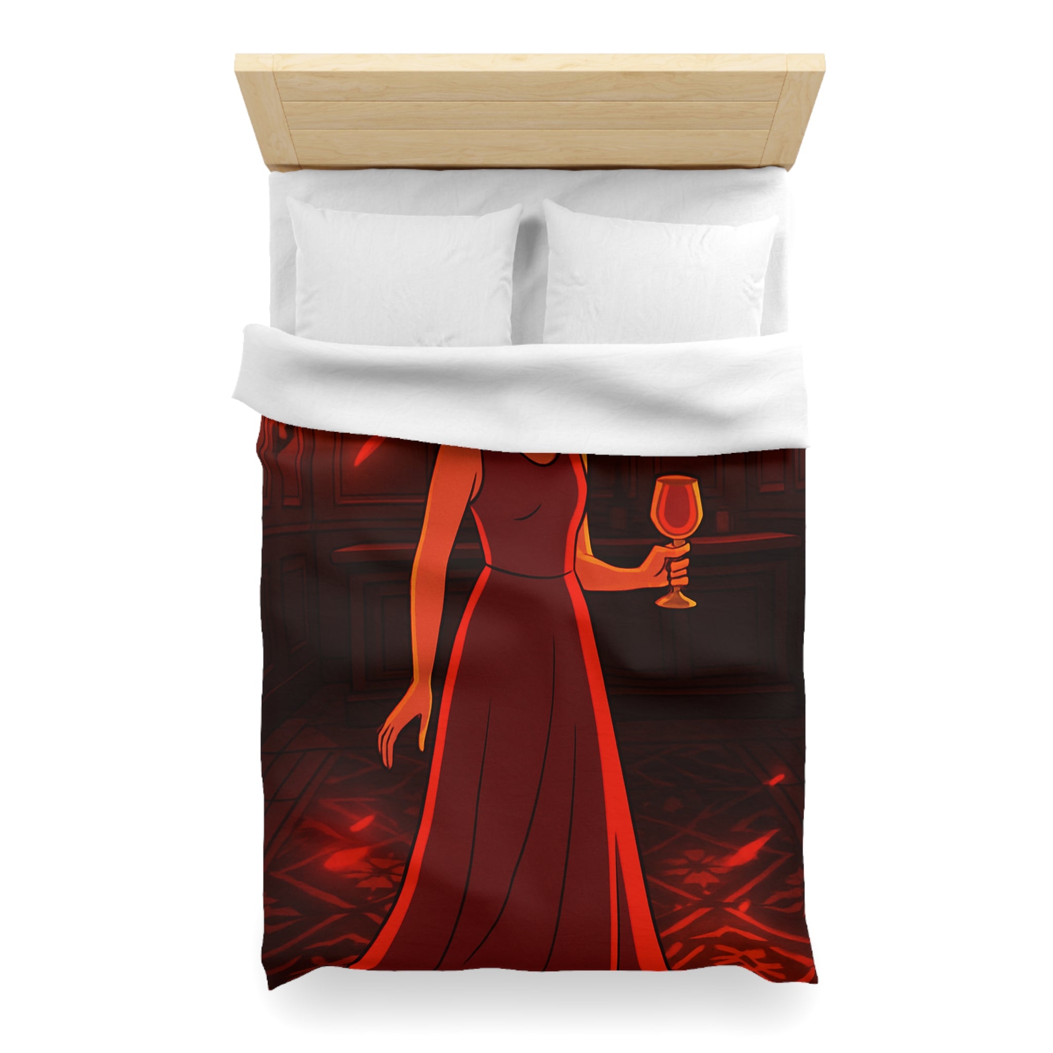 Housse de couette rouge élégante avec motif femme et reflets lumineux mystérieux