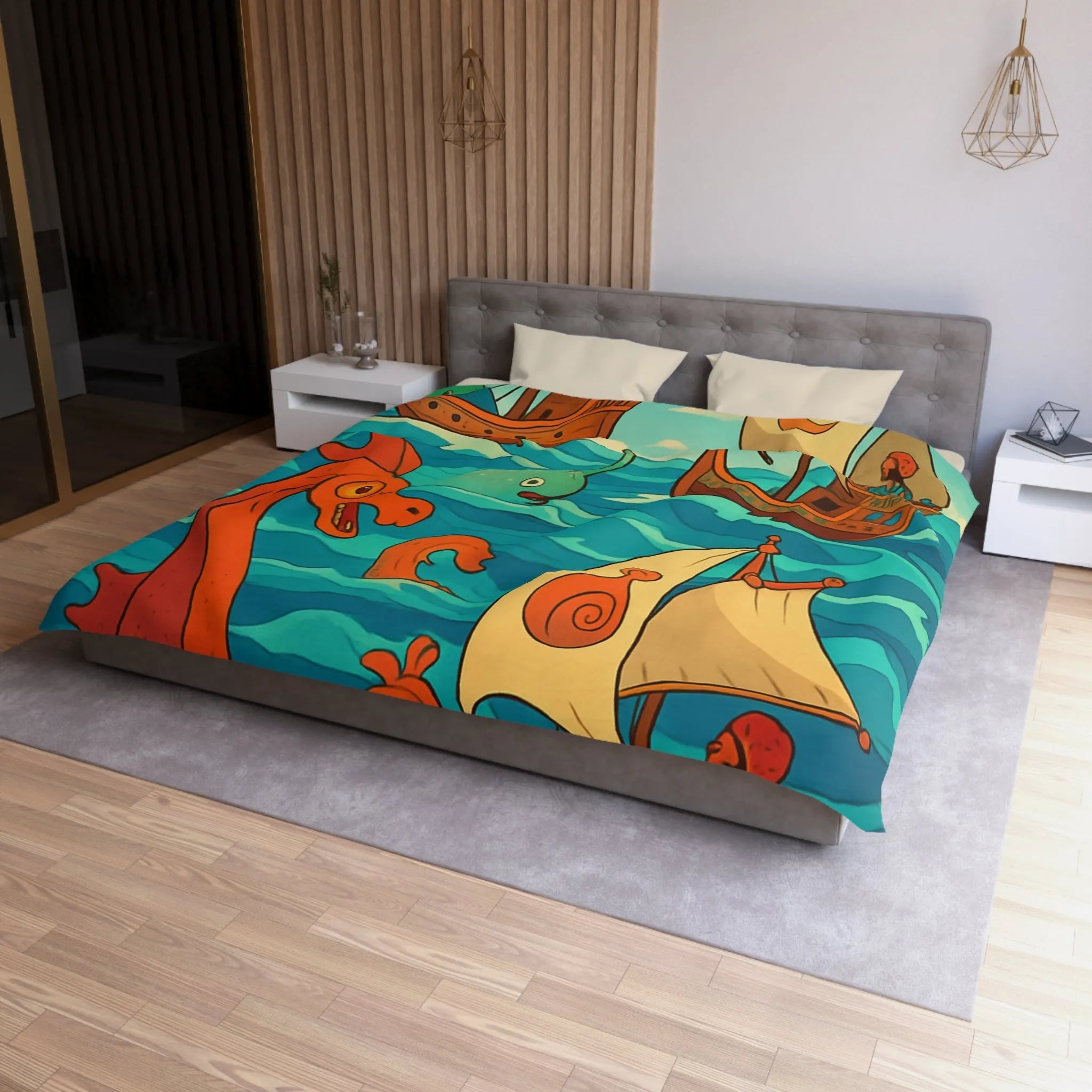 Housse de Couette Colorée avec Bateaux et Créatures Maritimes dans Stil Nautique Fantasy