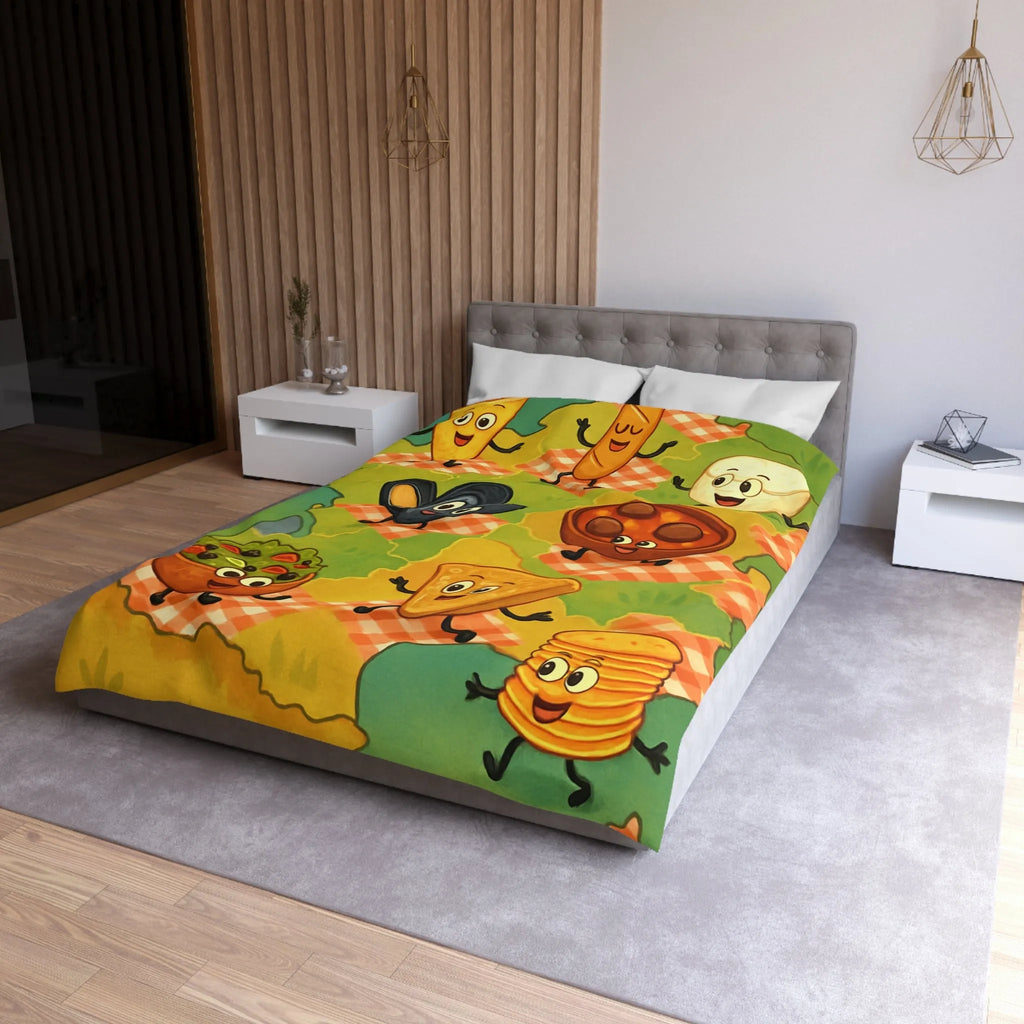 Housse de couette colorée avec motif ludique de spécialités culinaires françaises