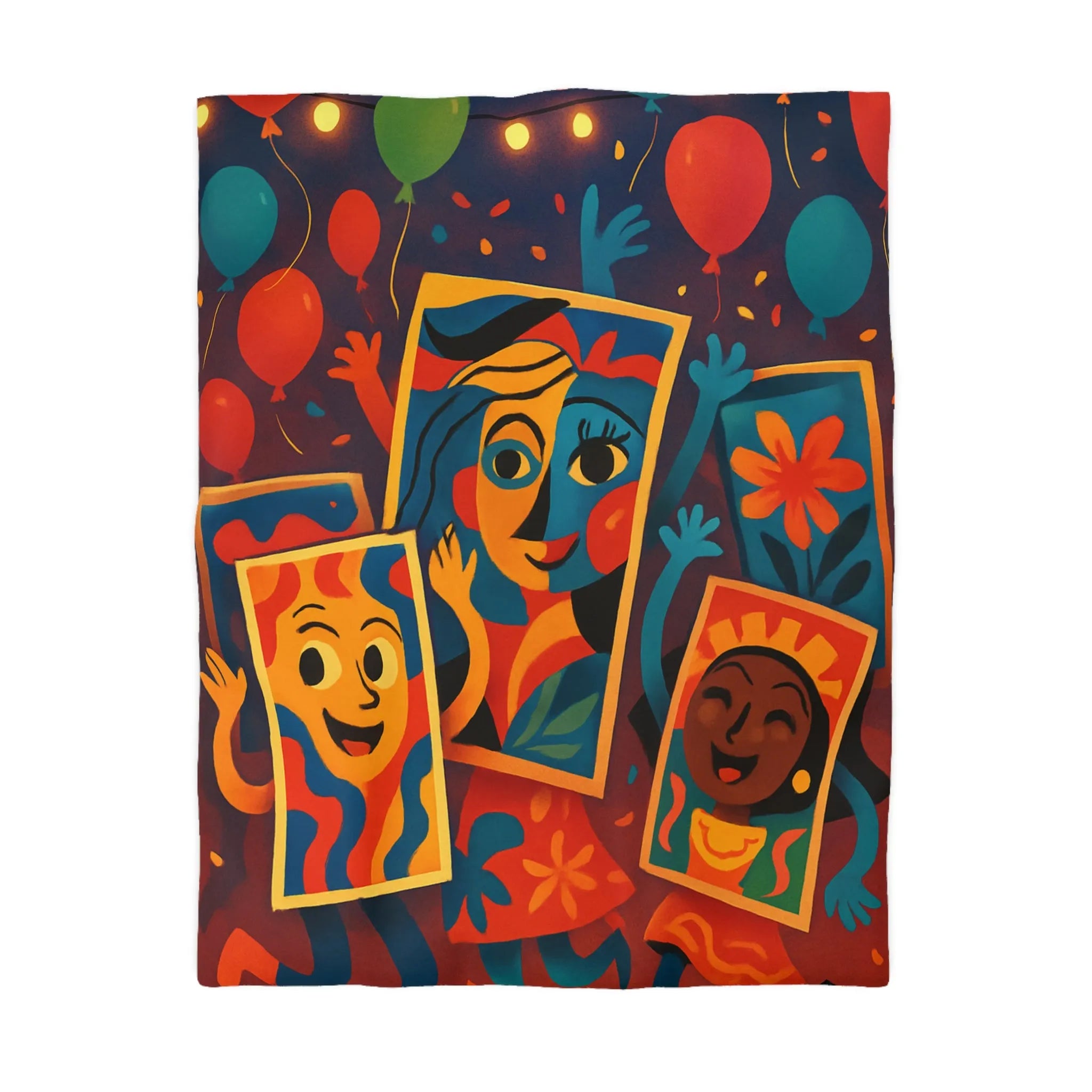 Housse de couette colorée comics avec motifs de fête et personnages joyeux