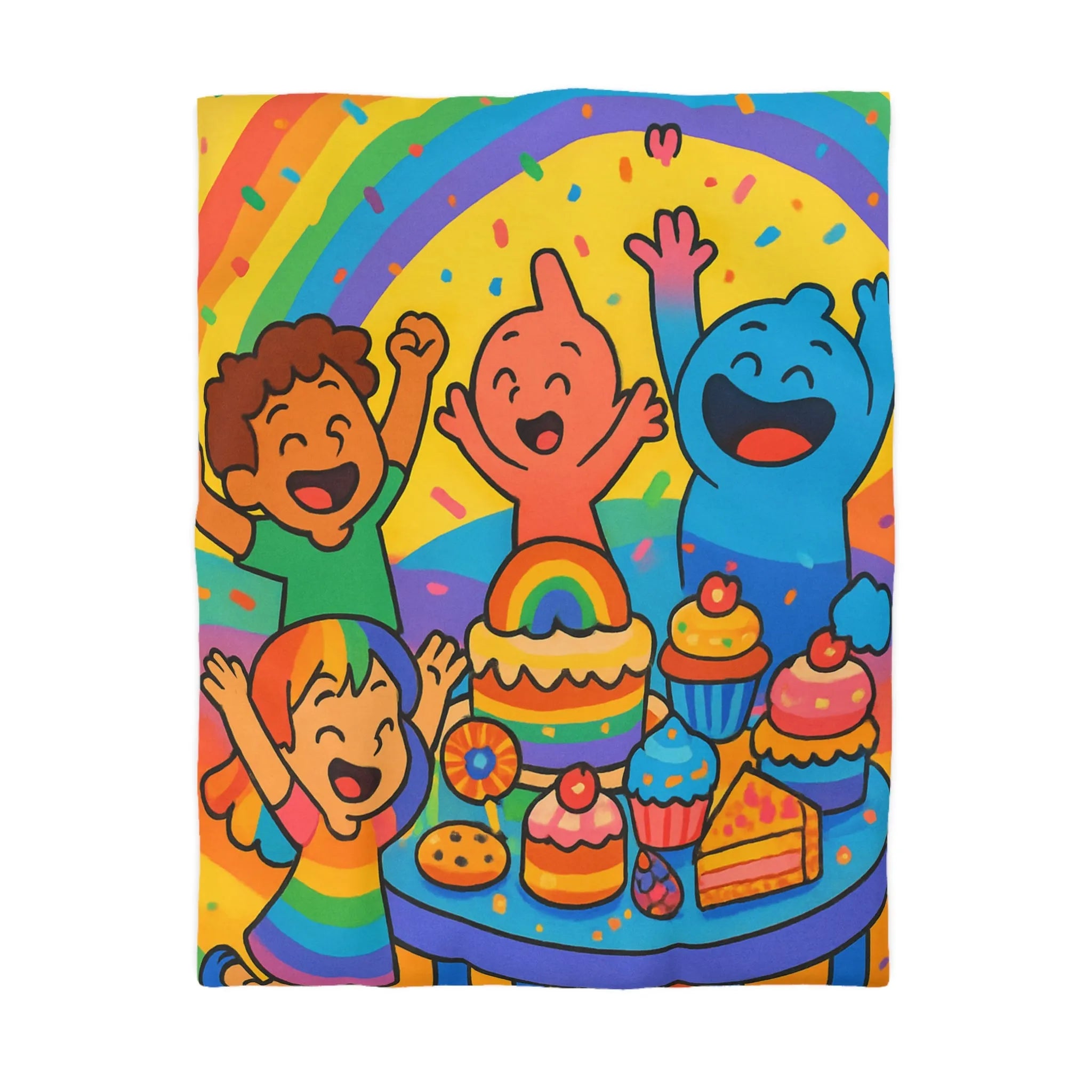 Housse de couette arc-en-ciel enfantine avec personnages joyeux et gâteau festif coloré