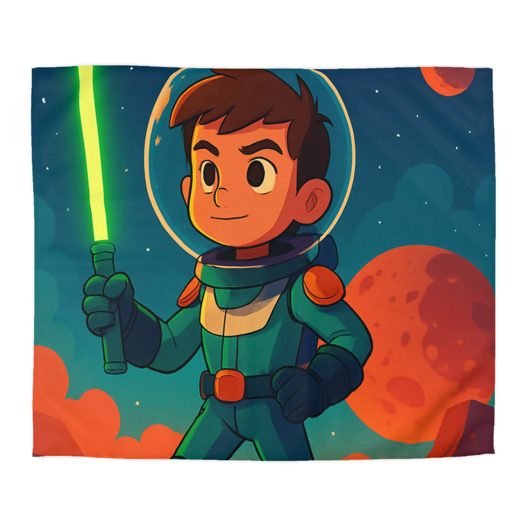 Housse de couette illustrée avec enfant astronaute et épée dans l'espace coloré