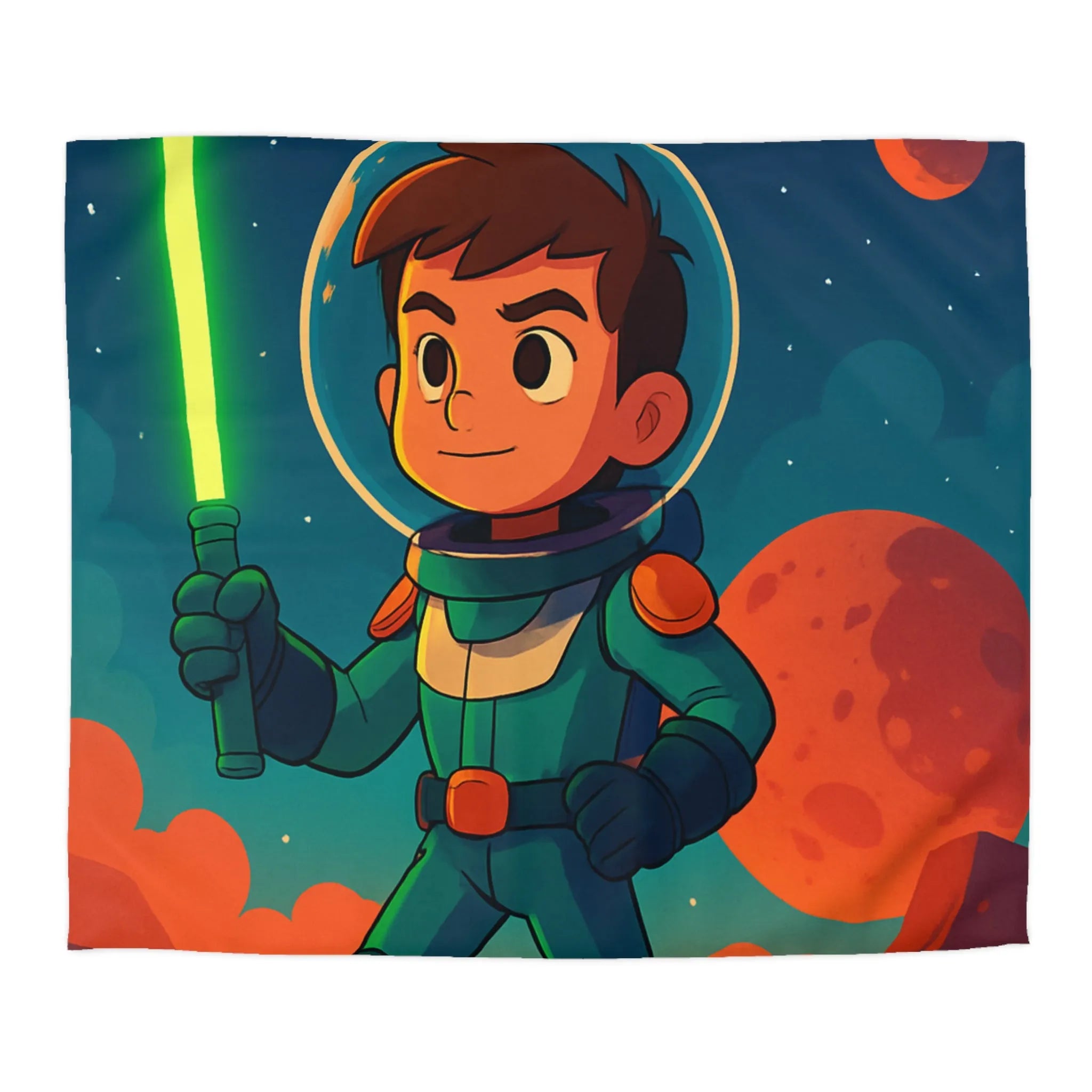 Housse de couette illustrée avec enfant astronaute et épée dans l'espace coloré