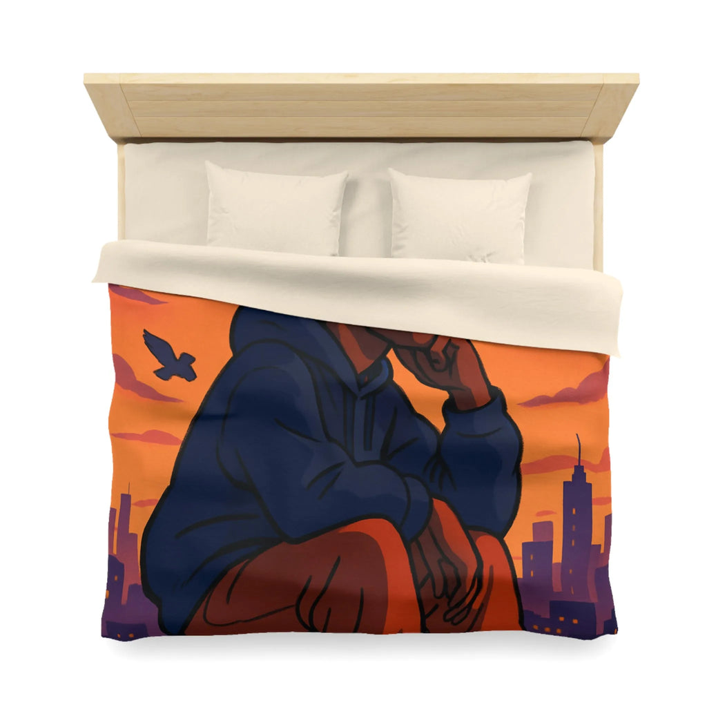 Housse de couette au design urbain moderne avec ciel crépusculaire et silhouette pensive