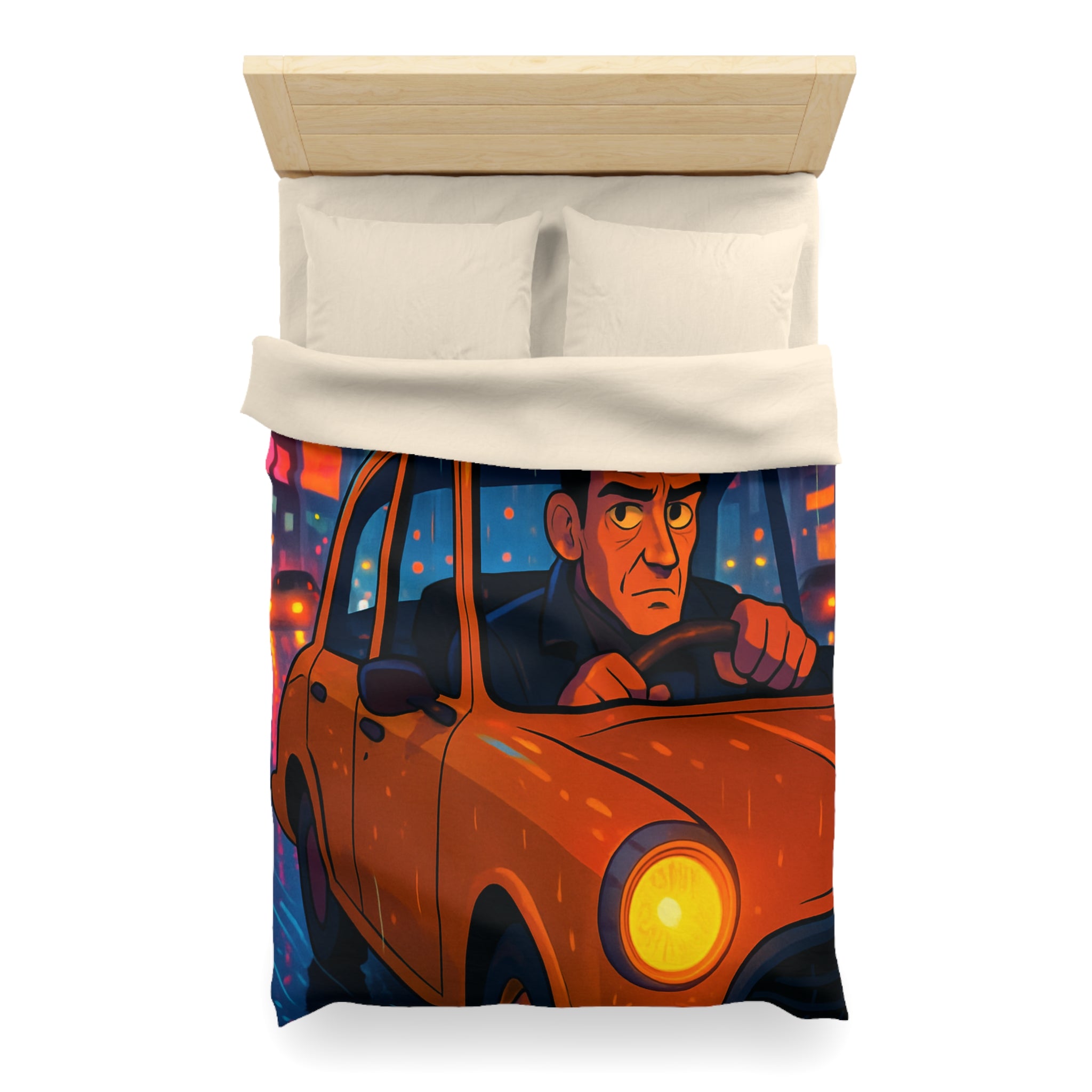 Illustration Nocturne Métropole avec Chauffeur de Taxi sous Pluie pour Housse de Couette