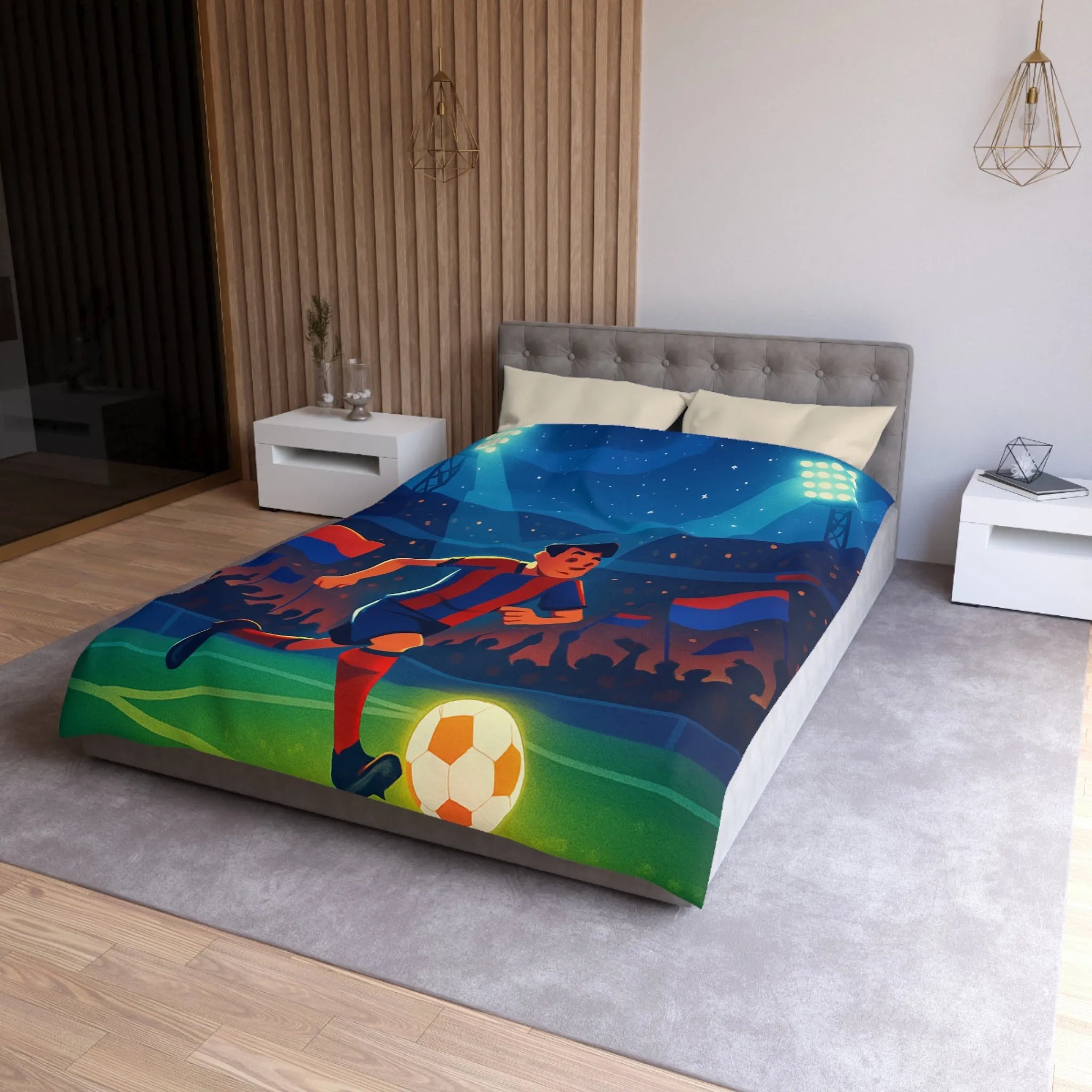 Housse de couette colorée illustrant un joueur de football vibrant sous les projecteurs nocturnes