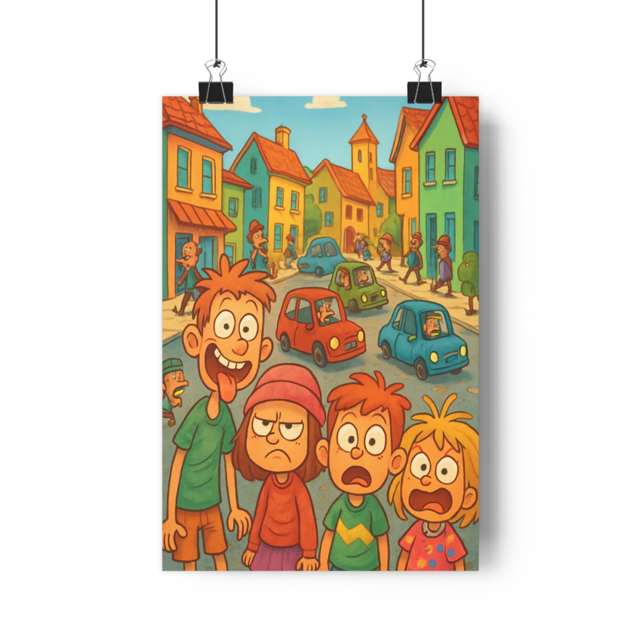 Poster décoratif animé cartoon coloré joyeux enfant chambre salon bleu rouge vert expressions exagérées