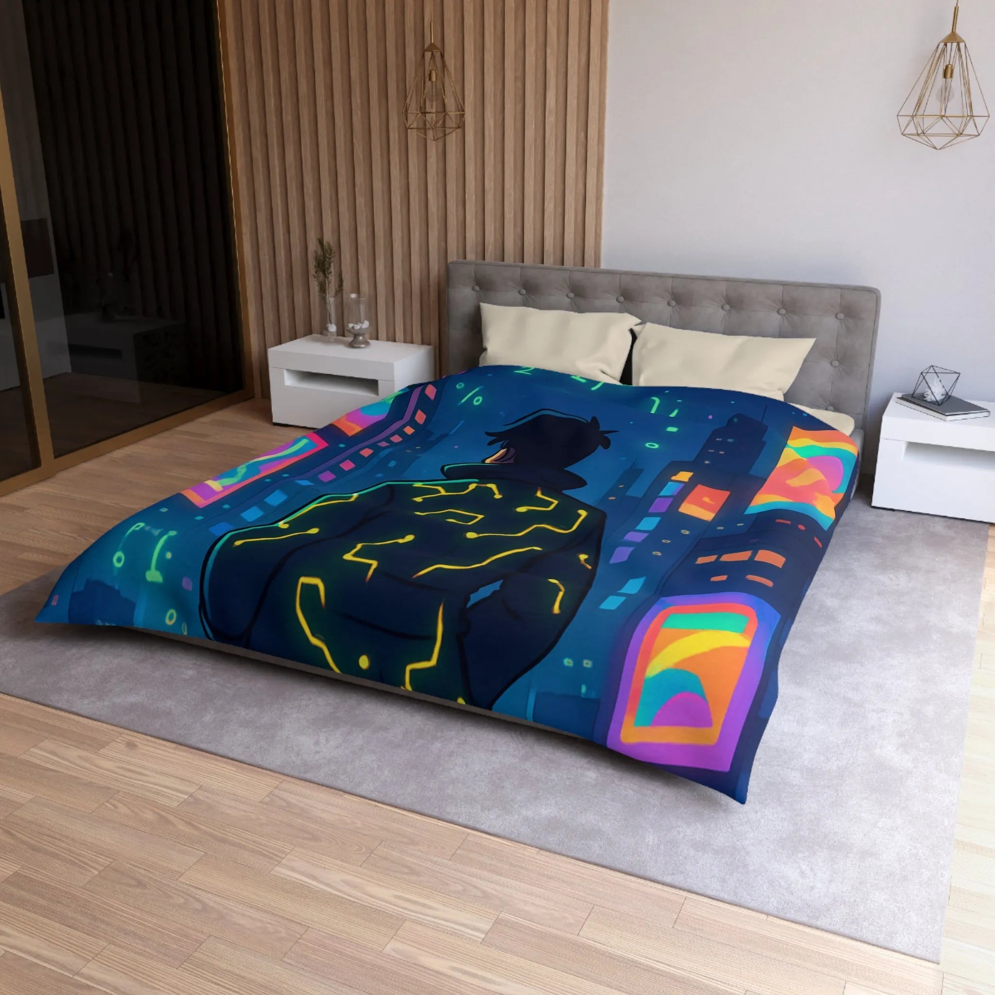 Housse de couette futuriste avec affichage numérique néon dans une ville cyberpunk