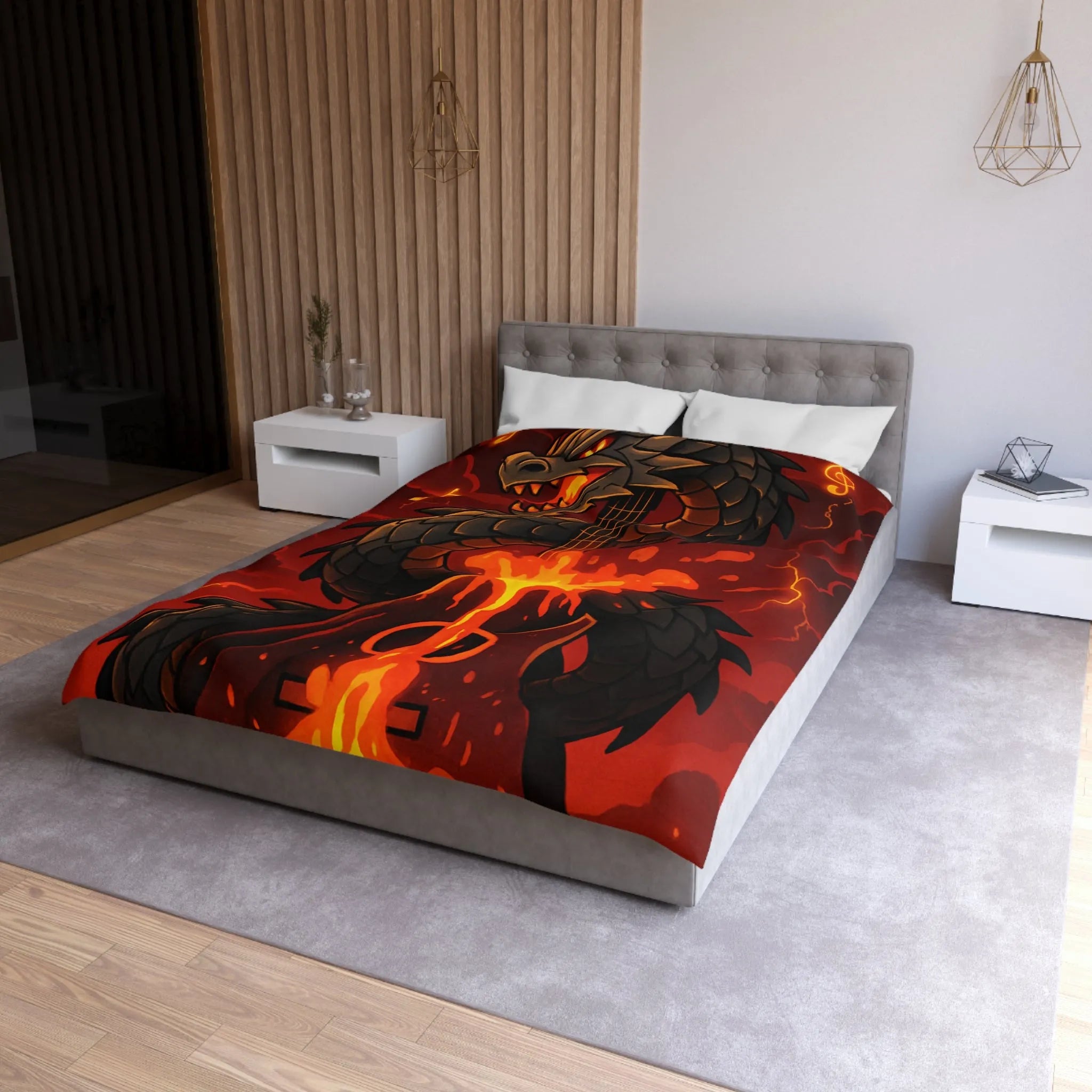 Housse de couette avec dragon noir majestueux et flammes incandescentes, ambiance épique