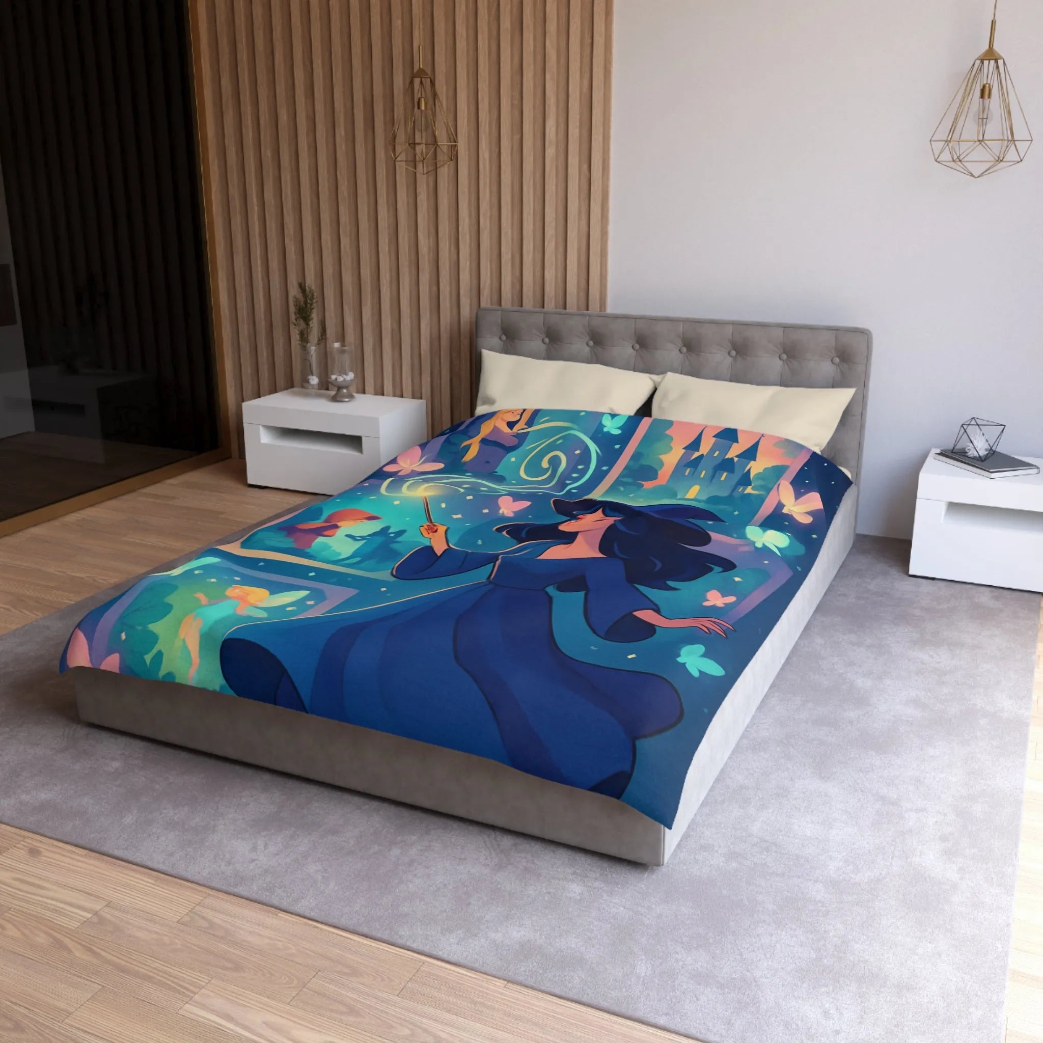 Housse de couette féérique avec sorcière et papillons dans un univers enchanteur pour enfants