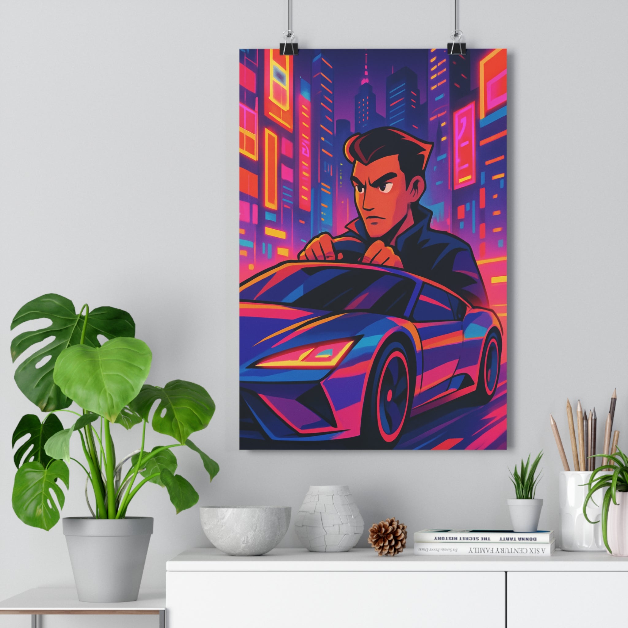 Poster décoratif néon anime bleu rose orange moderne dynamique futuriste chambre salon vibrant tendance