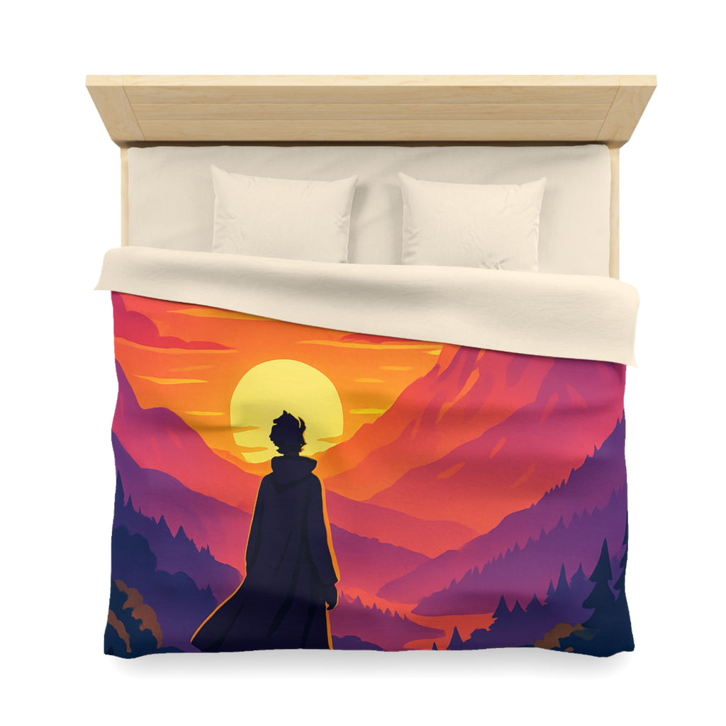 Housse de couette montagnes coucher de soleil silhouette homme paysage artistique vibrant