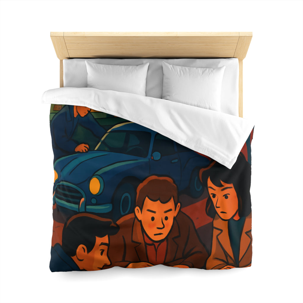 Housse de couette vintage ambiance atelier auto avec carte et personnages concentrés