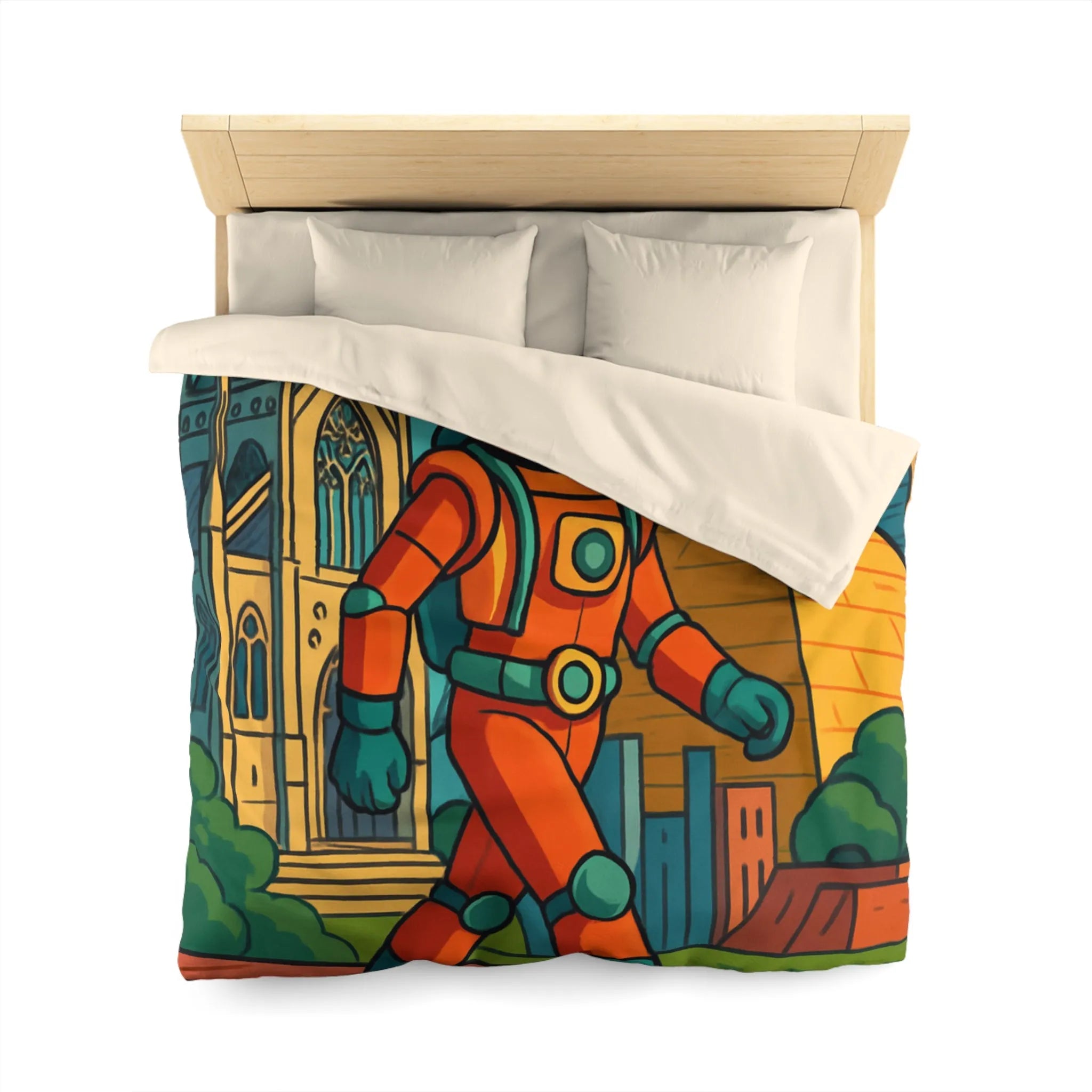 Housse de Couette Astronaute avec Paysages Urbains et Architecturaux, Couleurs Vives et Design Moderne