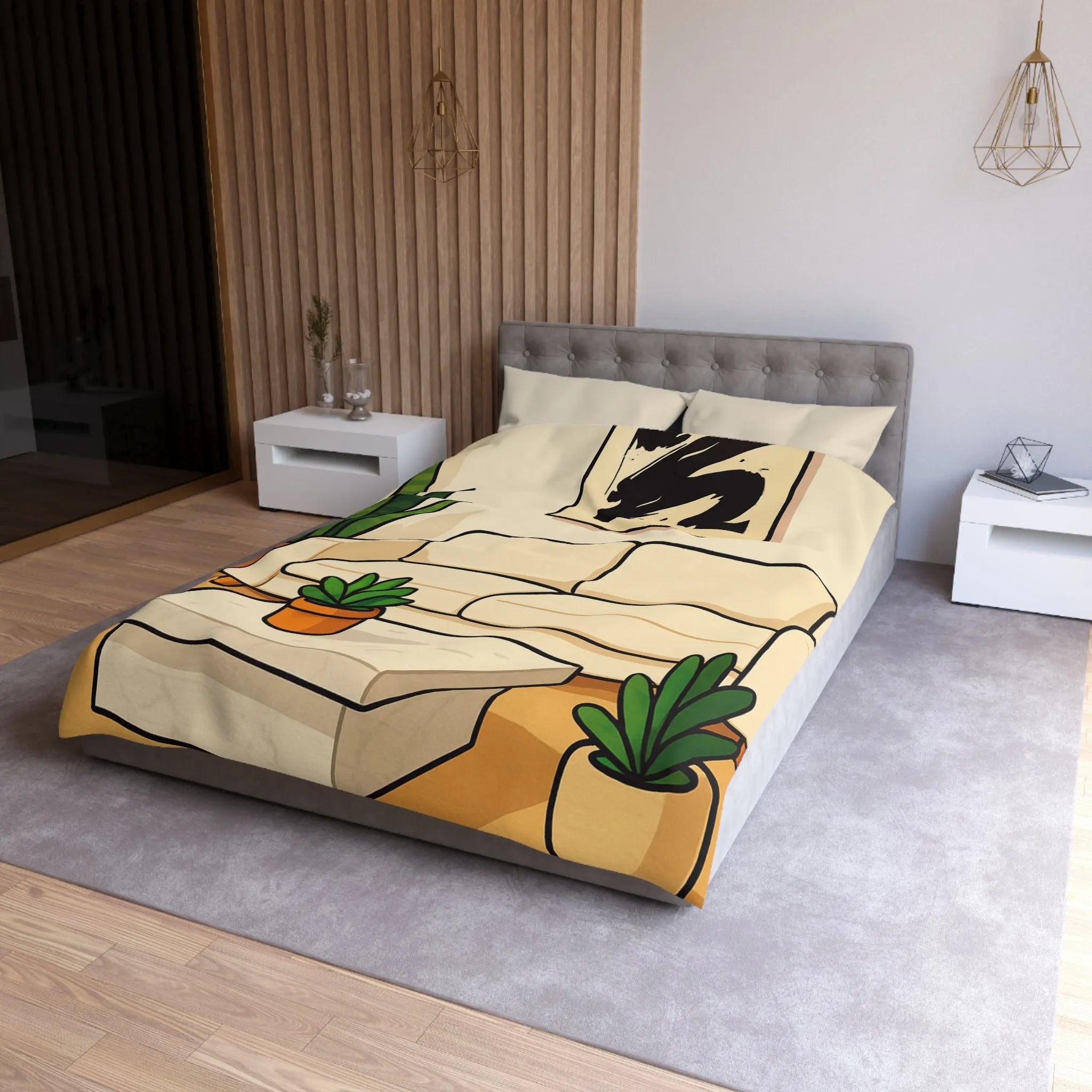 Housse de Couette Élégante avec Design Graphique Moderne et Plantes Vertes Décoratives