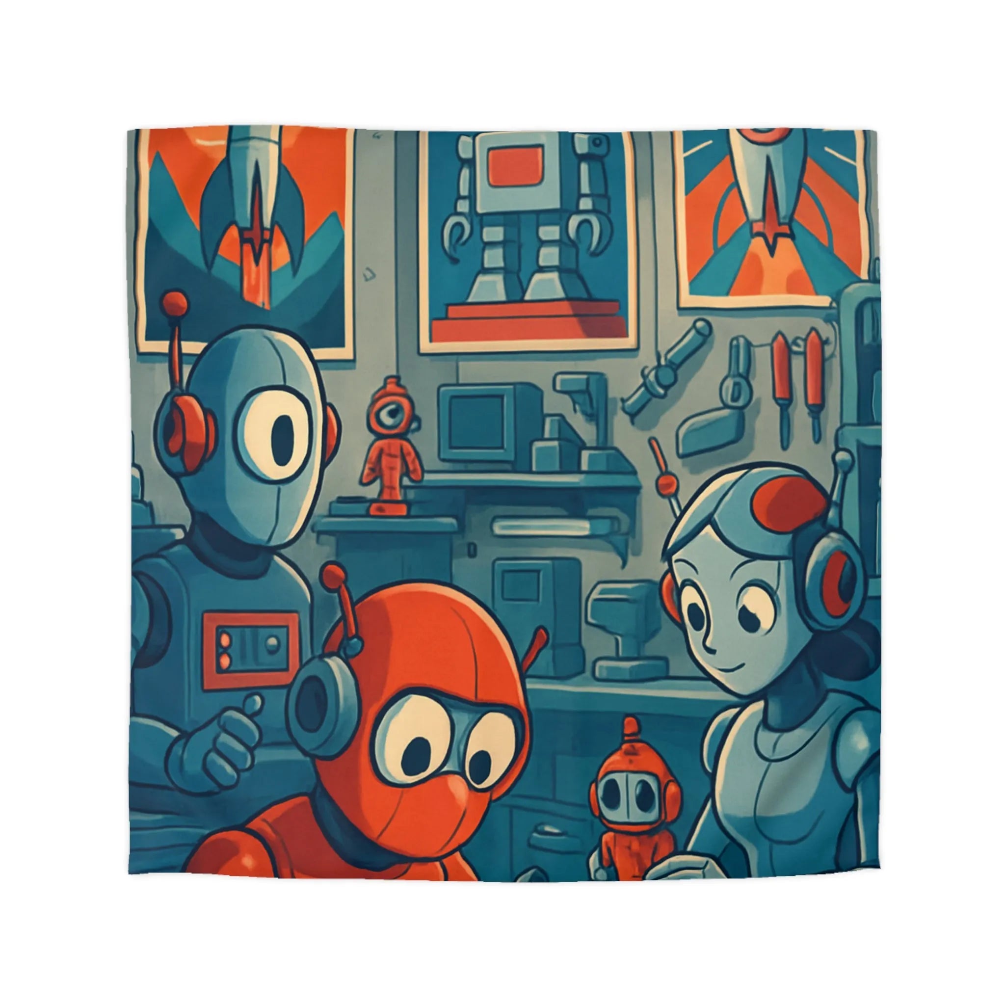 Housse de Couette Adorable Atelier de Robots pour Enfants au Look Rétro Futuriste