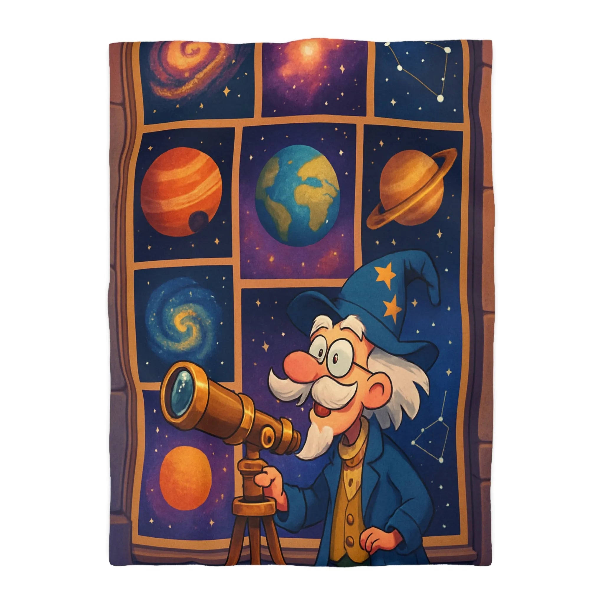 Housse de couette colorée avec astronome et planètes pour chambre d'enfant magique