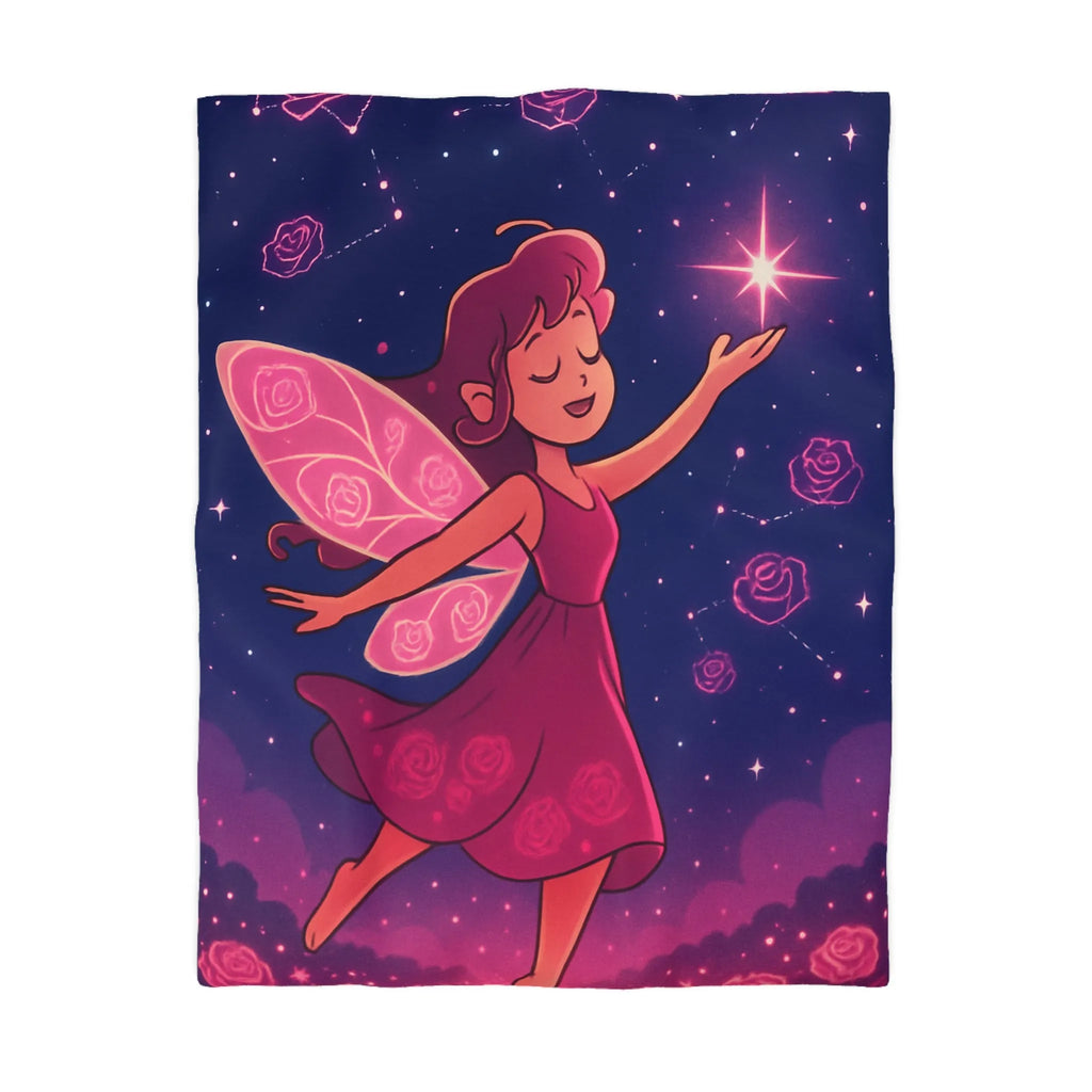 Enchanting Fairy with Wings and Glowing Roses under a Starry Night Sky