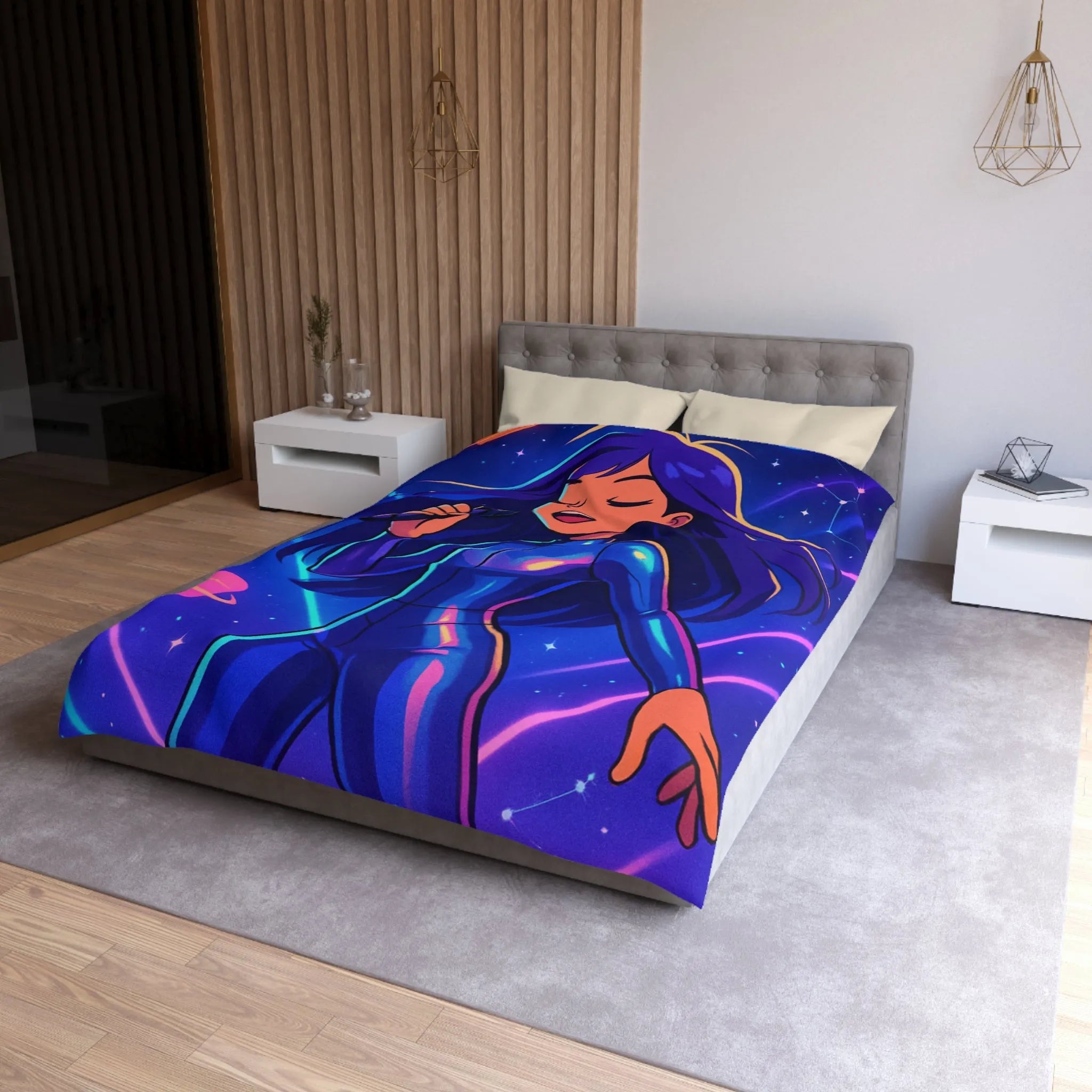 "Housse de couette galaxie: chanteuse en combinaison bleue avec planètes et étoiles brillantes"