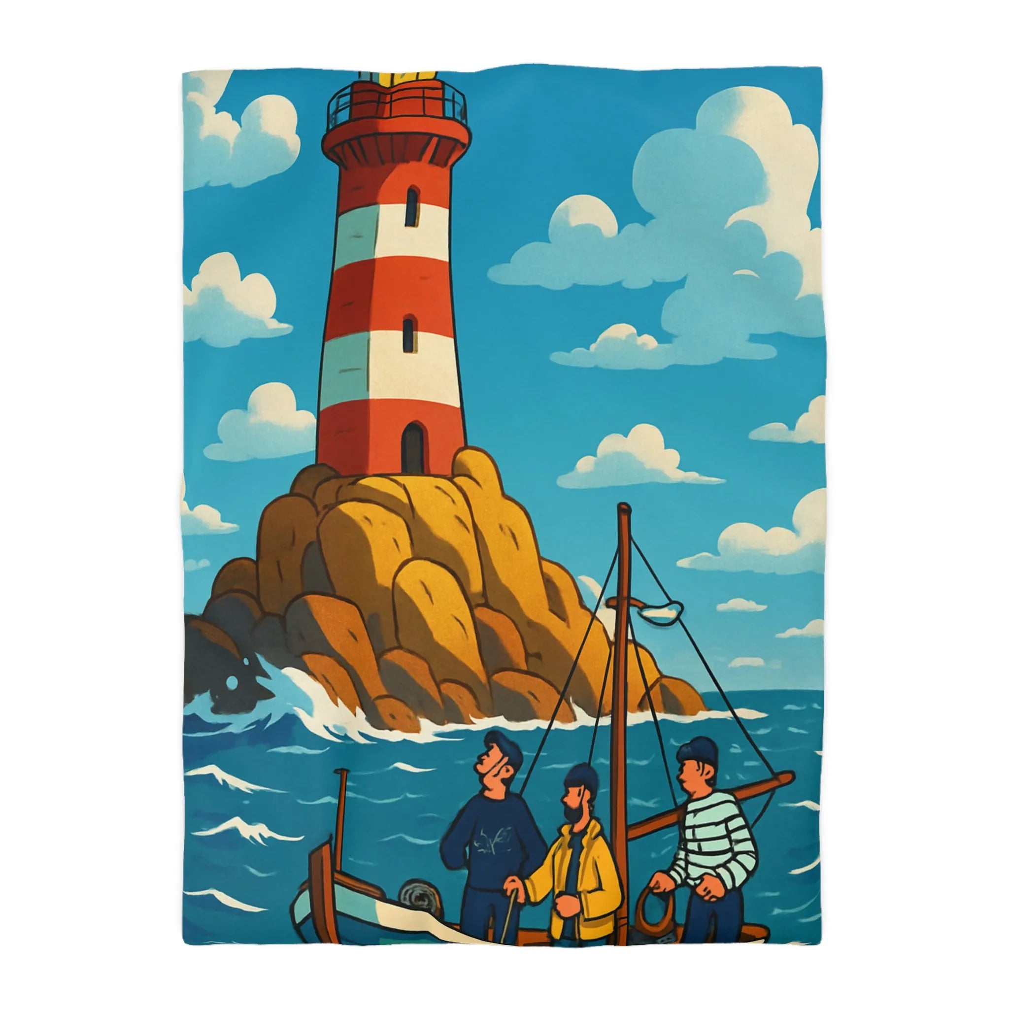 Housse de couette maritime avec phare, bateau et équipage sur mer agitée