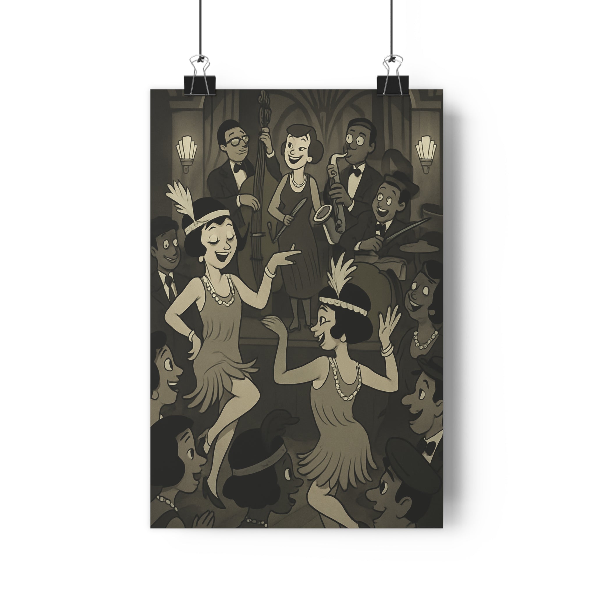 Poster décoratif vintage art déco noir blanc danse musique salon élégant rétro joyeux ambiance