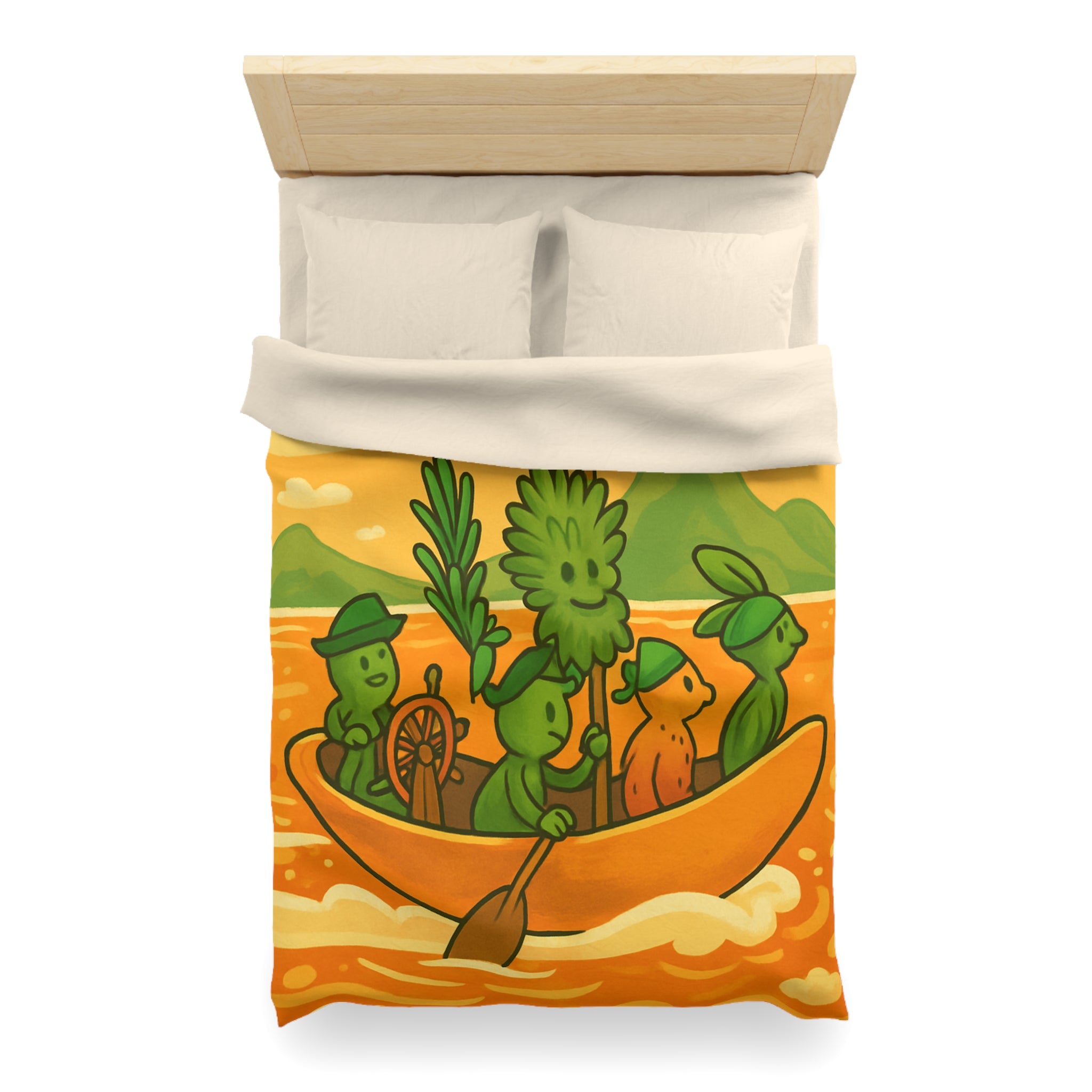 Housse de couette originale avec personnages verts naviguant sur mer orangée ludique
