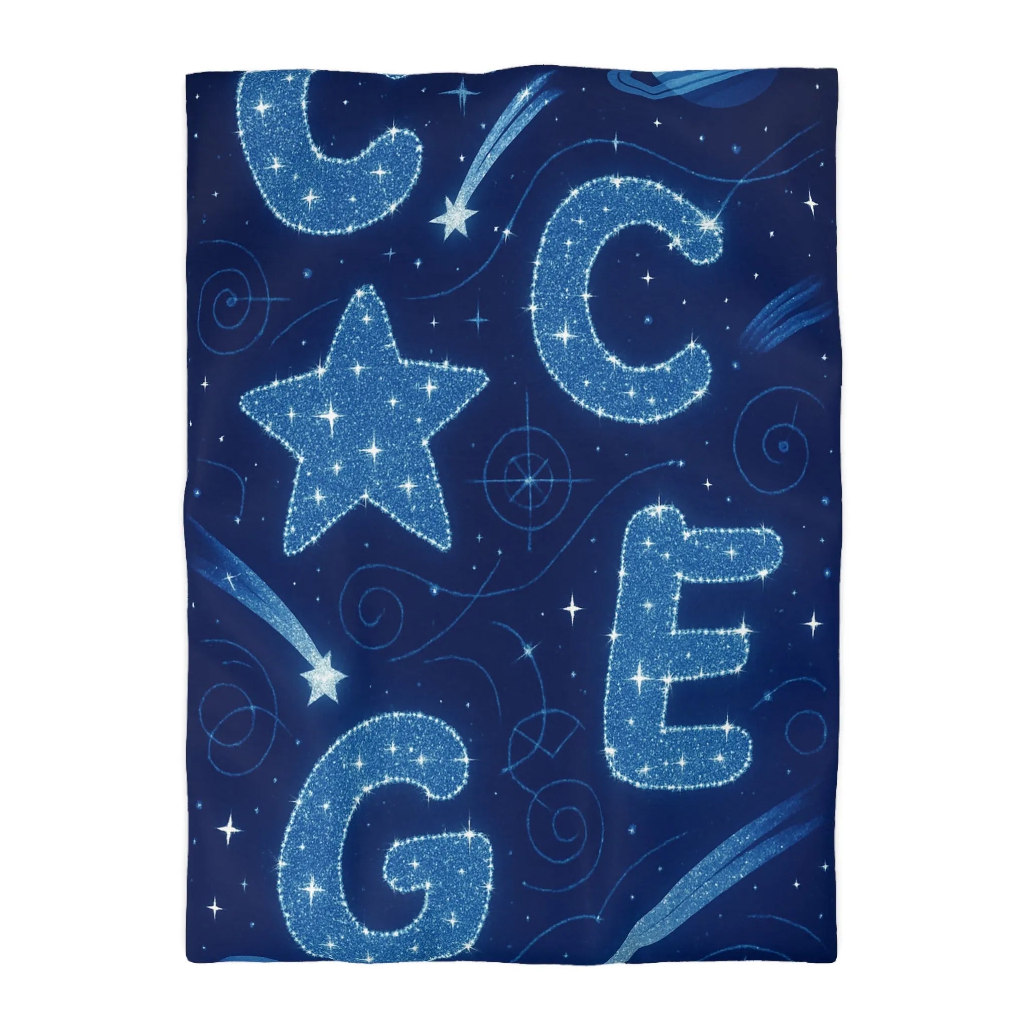 Housse de couette espace étoilé avec lettres scintillantes et planètes en arrière-plan