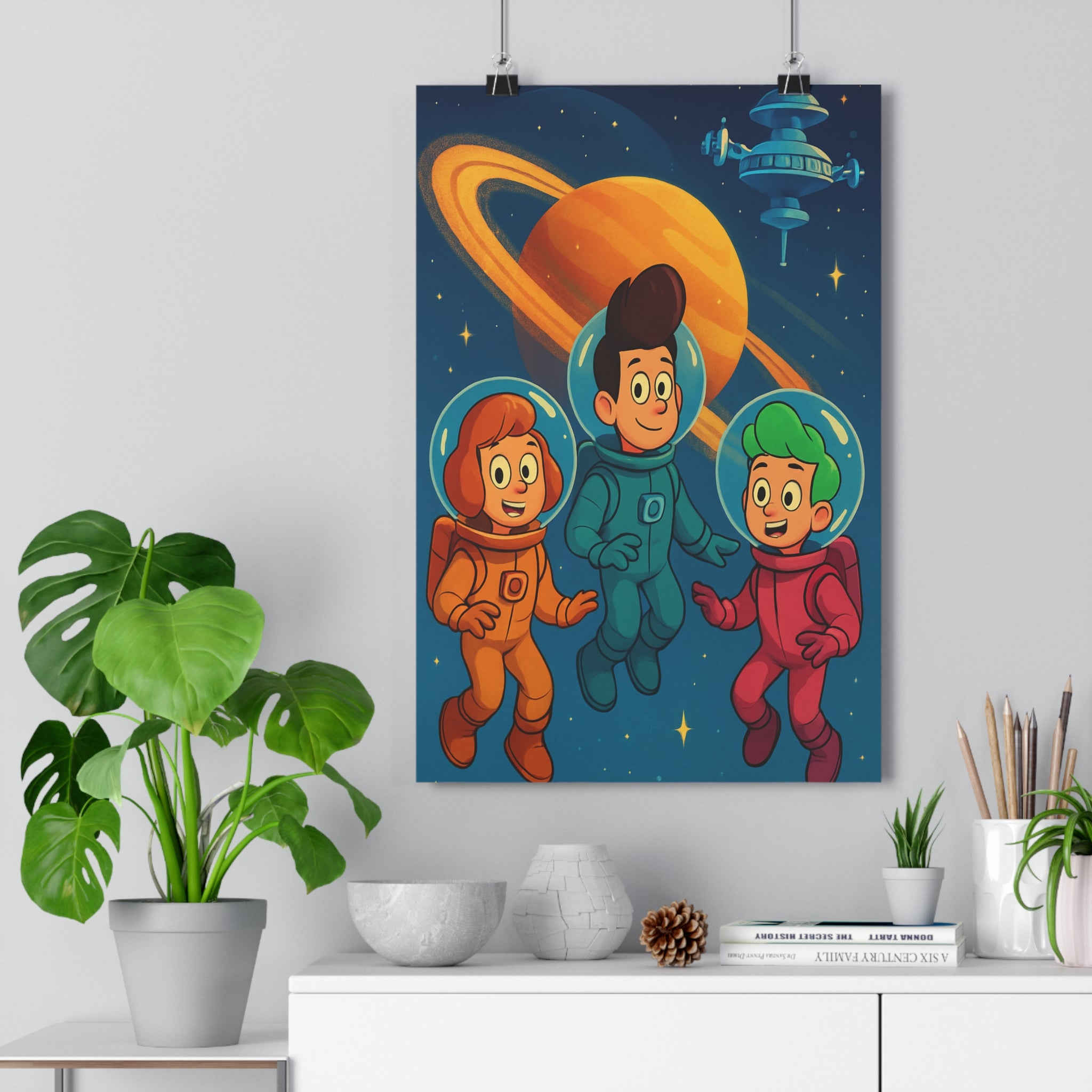 Poster décoratif rétro galactique bleu orange aventure chambre enfant animé futuriste vibrant spacieux exploration