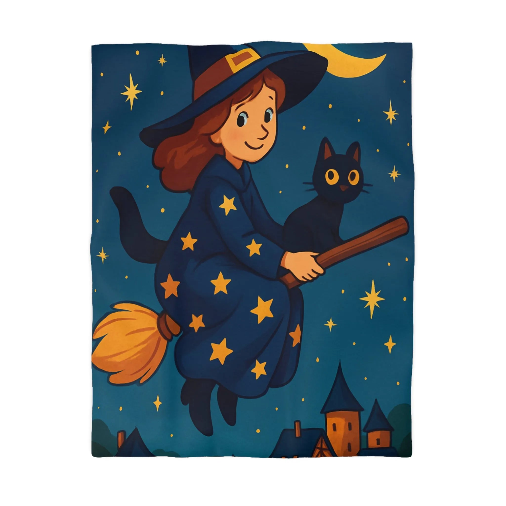 Housse de Couette Enfant Fantaisie Sorcière et Chat Noir sur Balai Nocturne