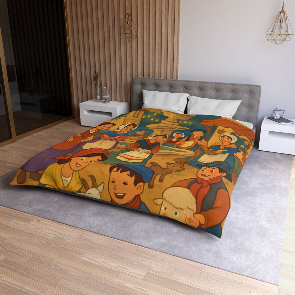 Housse de couette pour enfants avec scène villageoise festive et animaux mignons joyeux