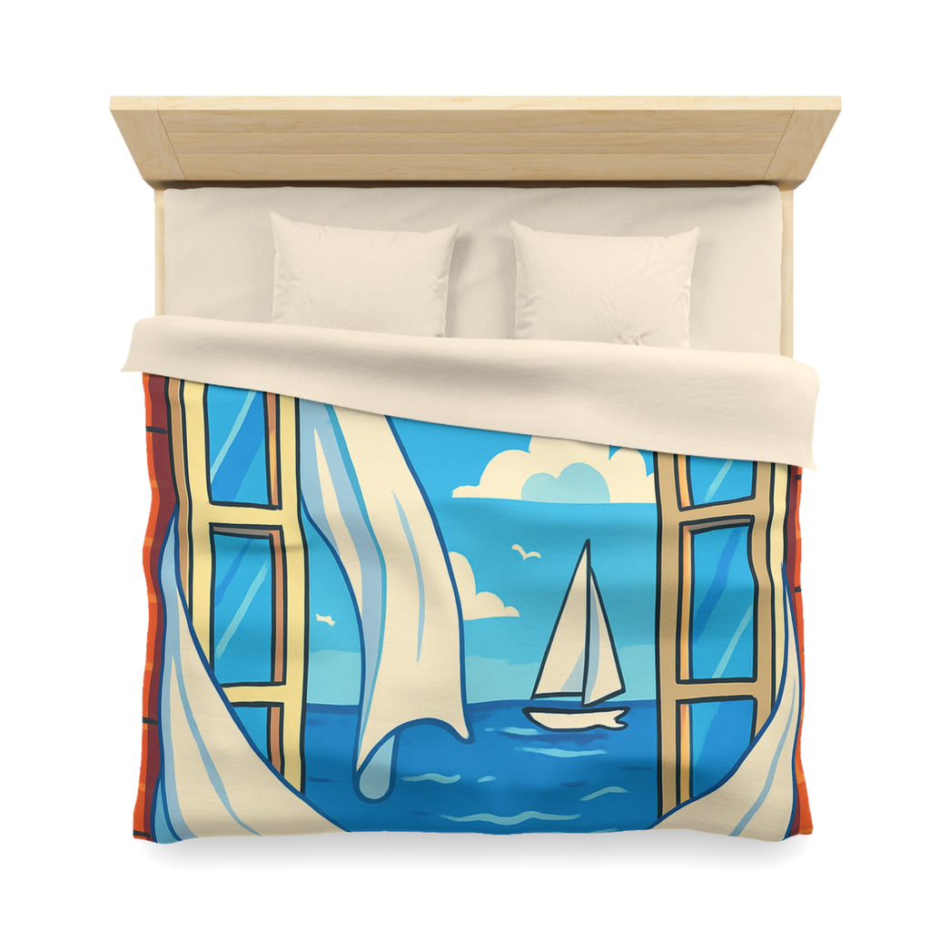 Housse de couette paysage marin fenêtre ouverte, voilier et ciel bleu serein