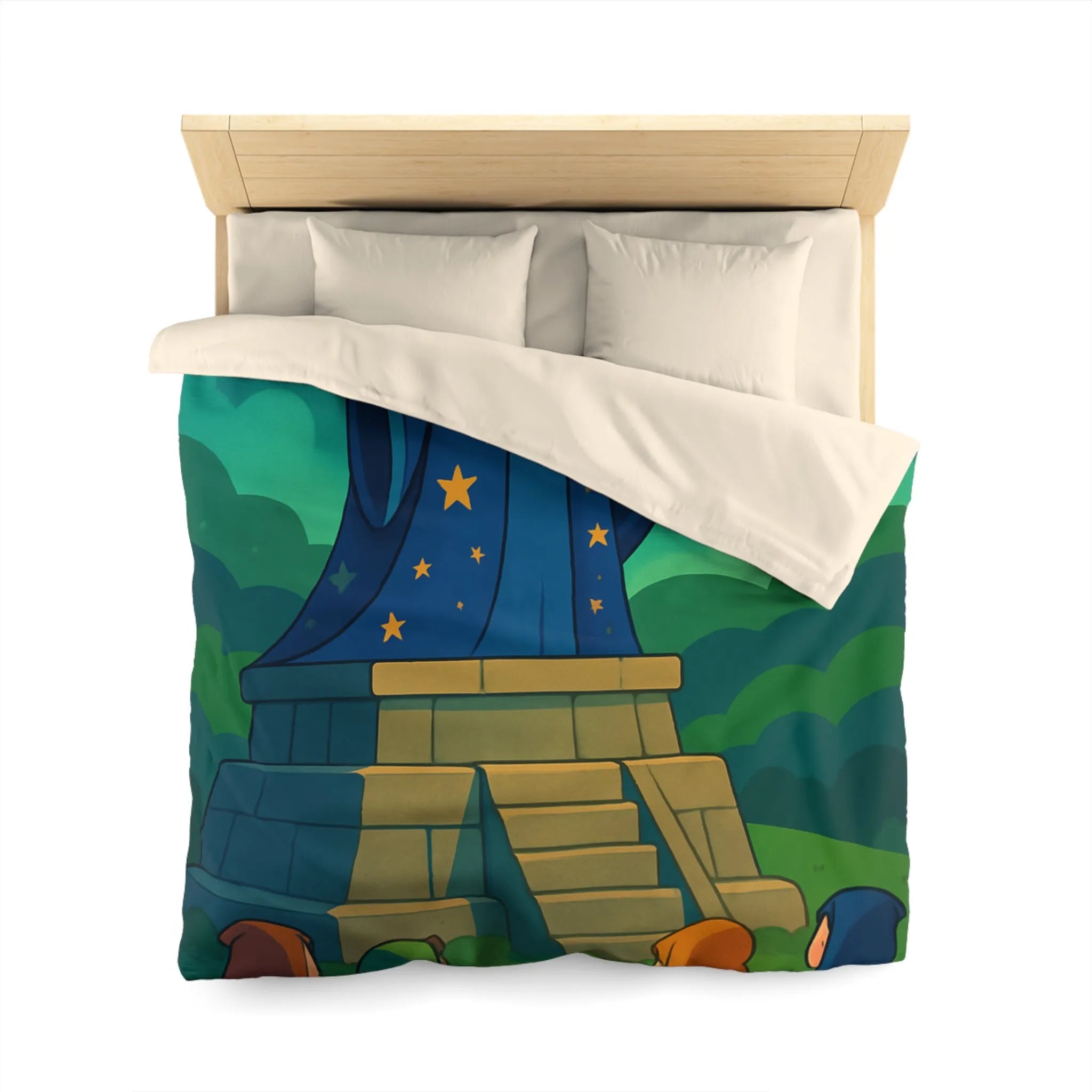 Housse de couette fantaisie avec sorcier et cristaux lumineux dans un paysage étoilé