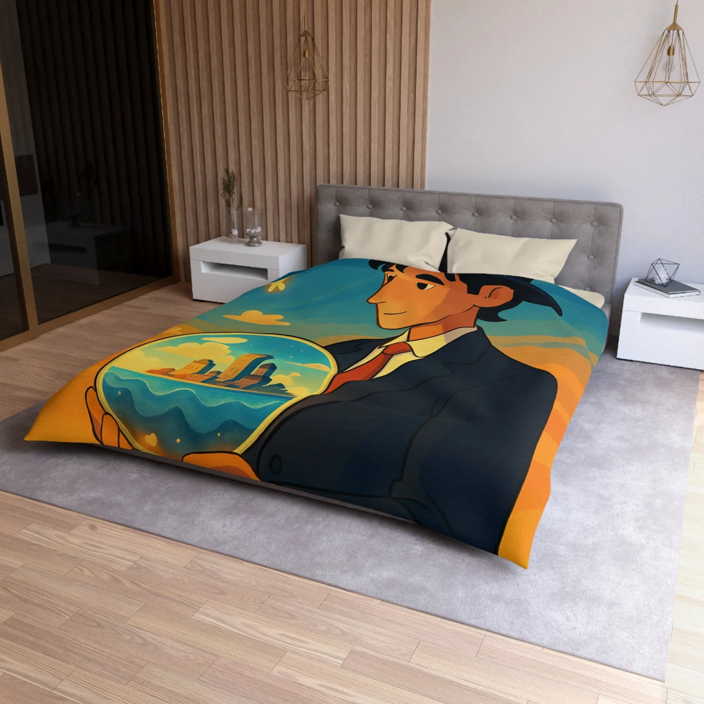 Housse de couette avec illustration surréaliste d'un homme tenant une sphère magique