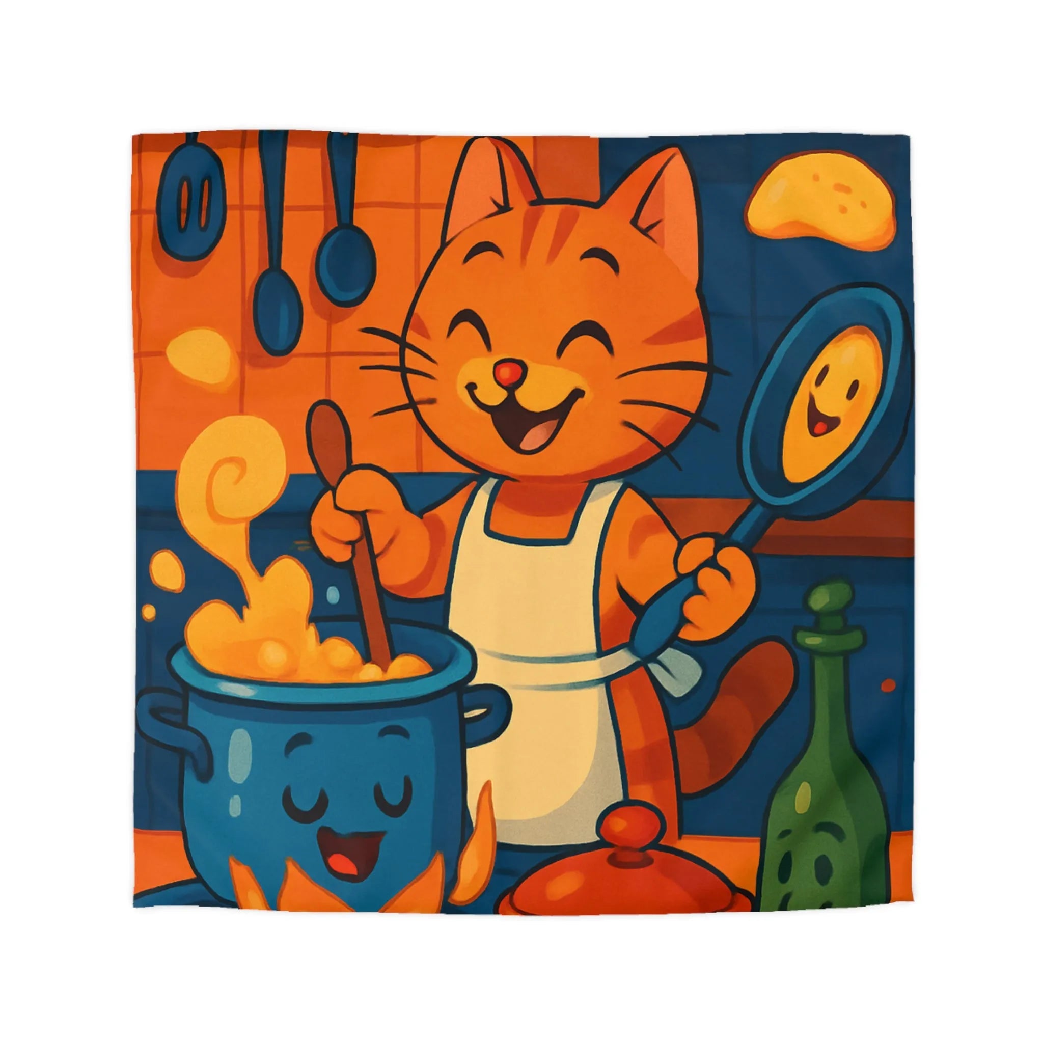 Adorable Chat Cuisinier Heureux dans une Cuisine Colorée et Animée avec Accessoires Joyeux