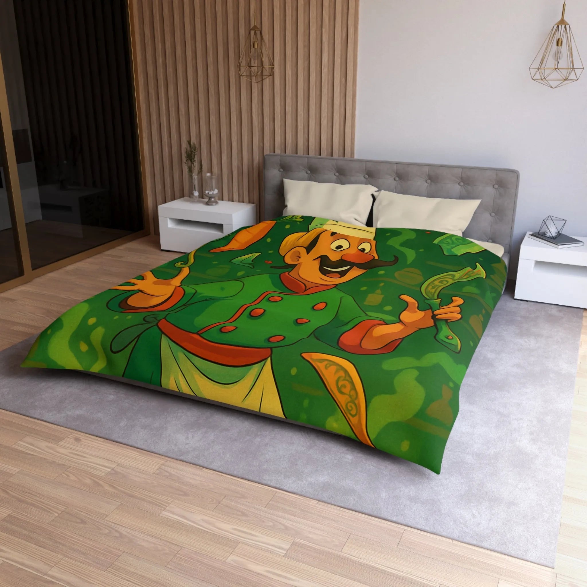 Housse De Couette Chef Cartoon Coloré Jonglant Avec Légumes Dans Cuisine Magique Verte