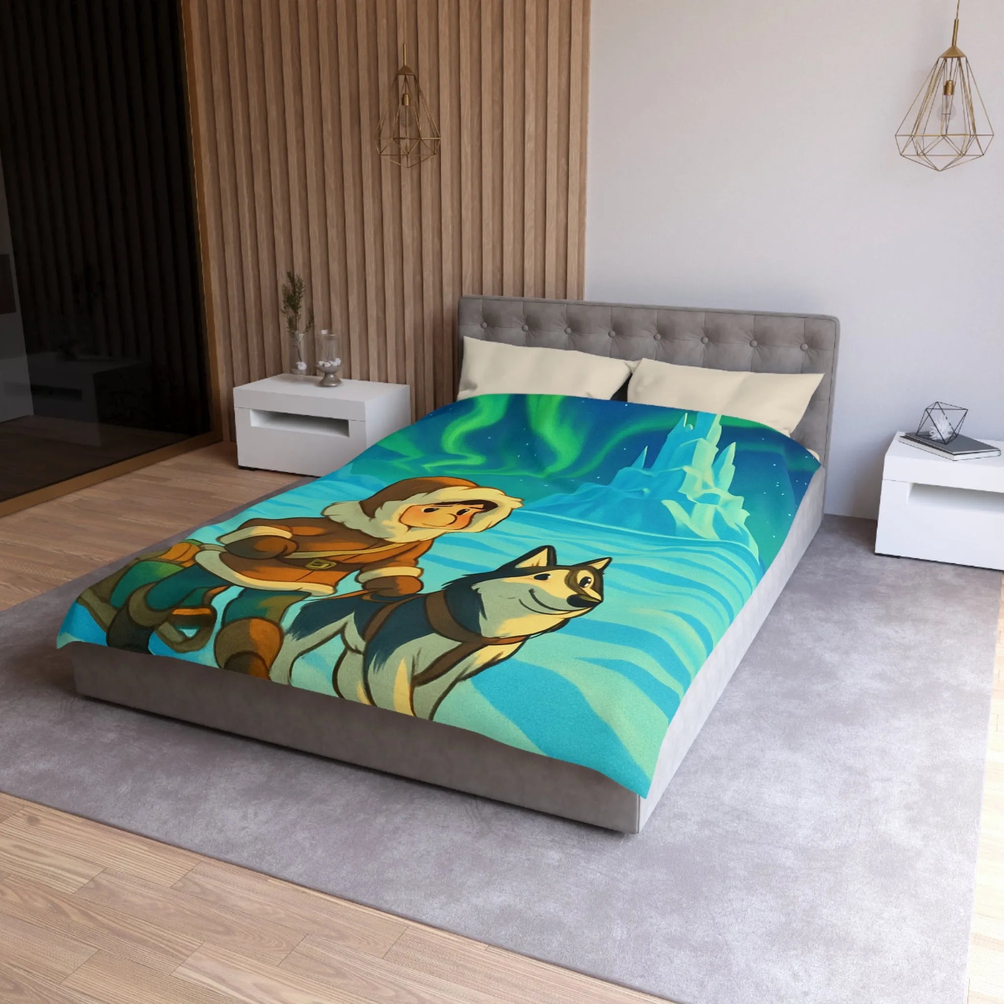 Housse de couette décorative avec aurores boréales et enfant accompagné de chien