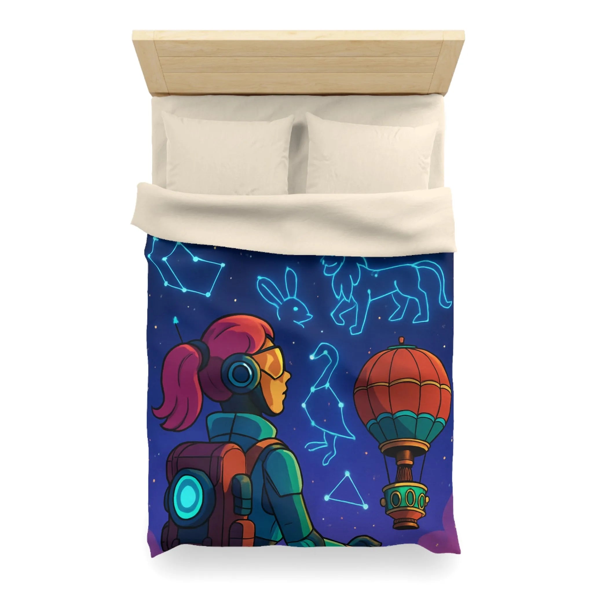 Housse de couette astronaute contemplant constellations animalières dans ciel étoilé rêveur