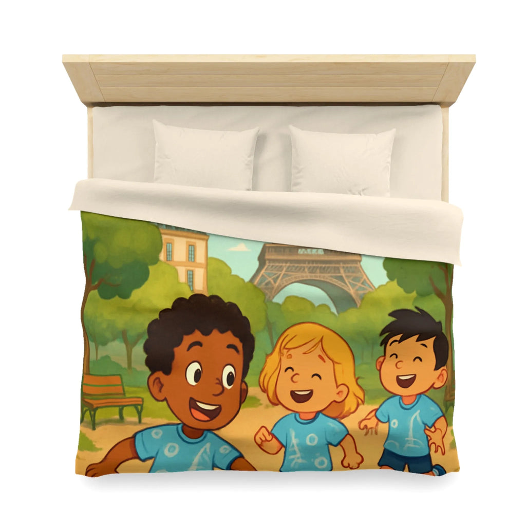 Housse de couette enfant avec tour iconique et cerfs-volants colorés en arrière-plan