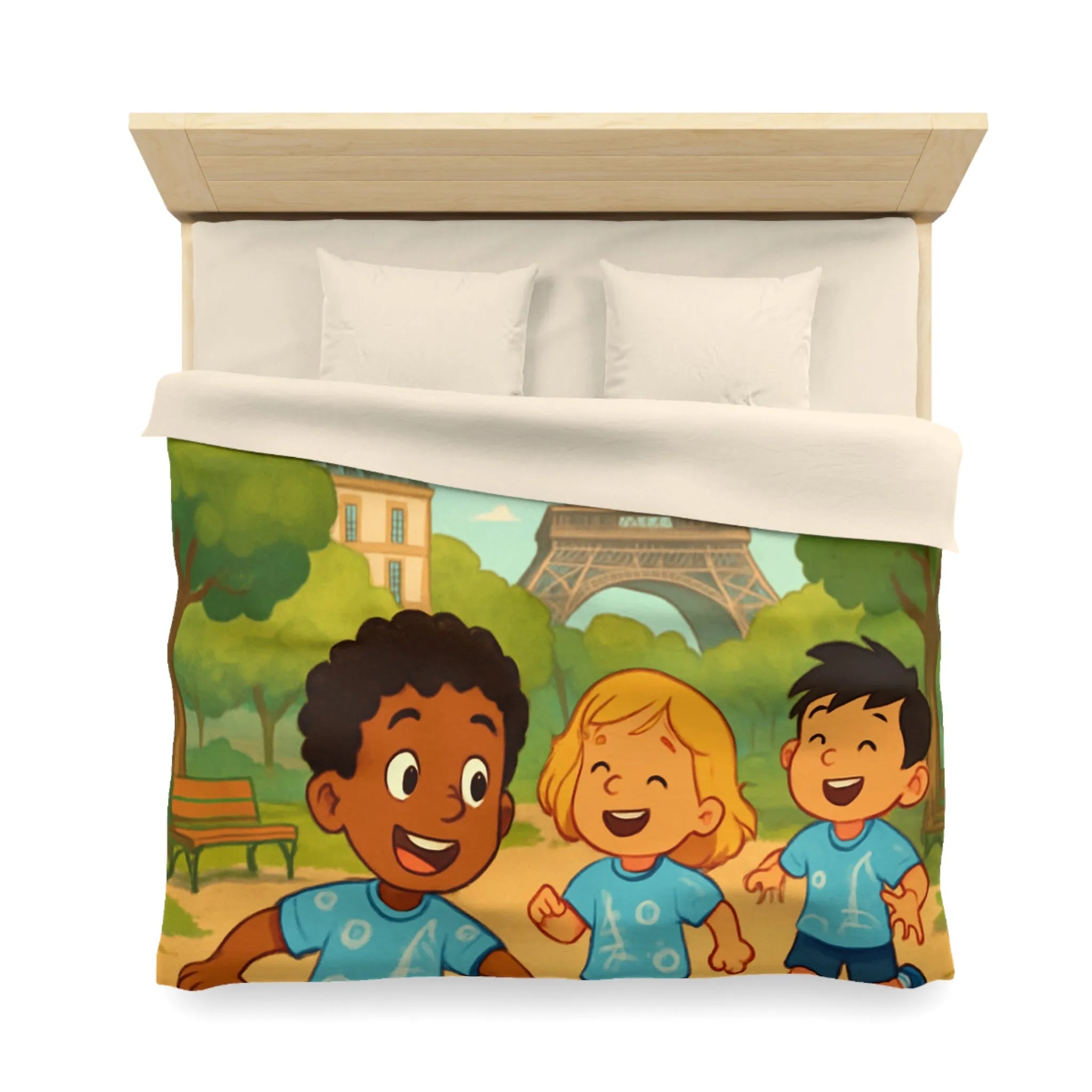 Housse de couette enfant avec tour iconique et cerfs-volants colorés en arrière-plan