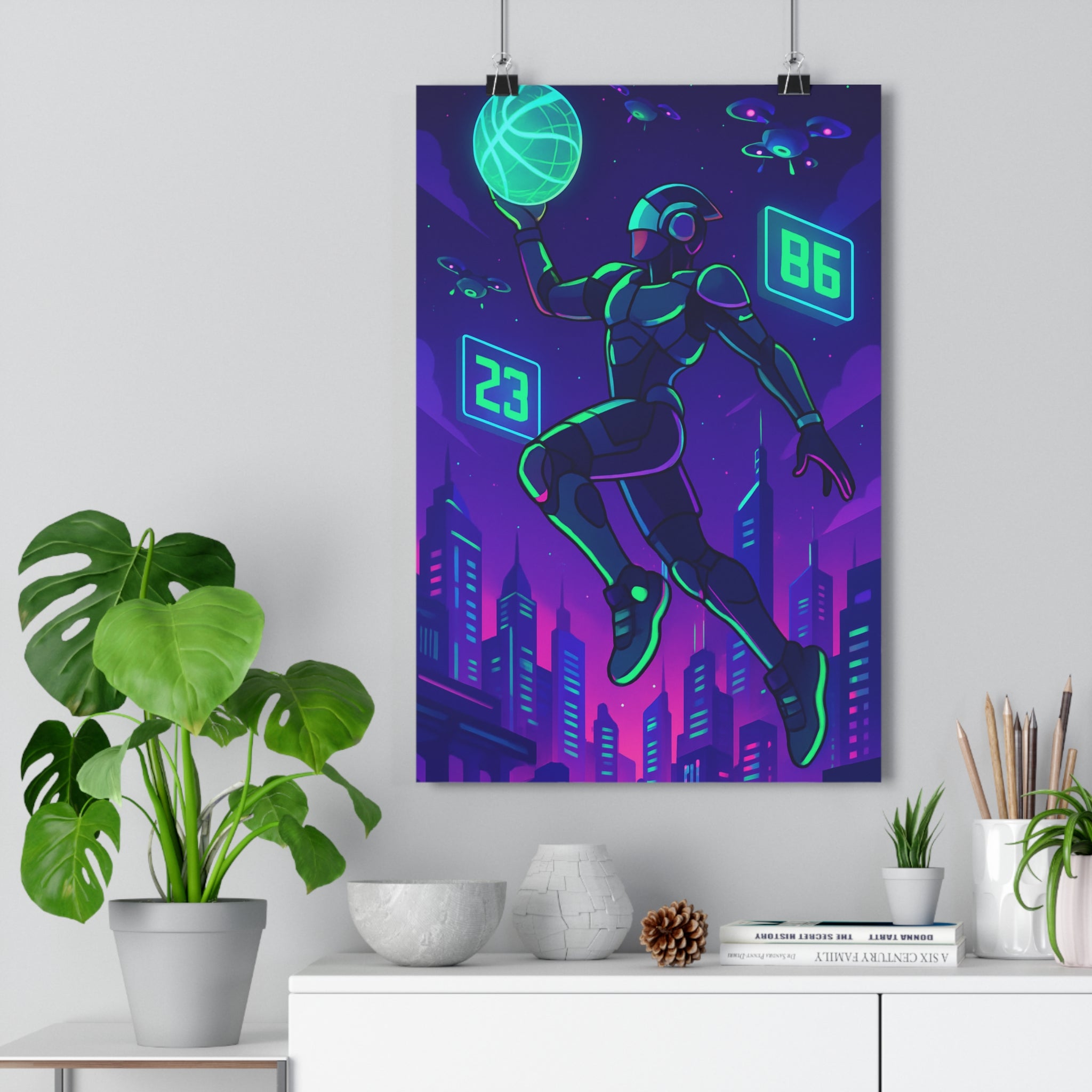 Poster décoratif basket futuriste violet vert cartoon moderne dynamique chambre ambiance sportive unique innovant