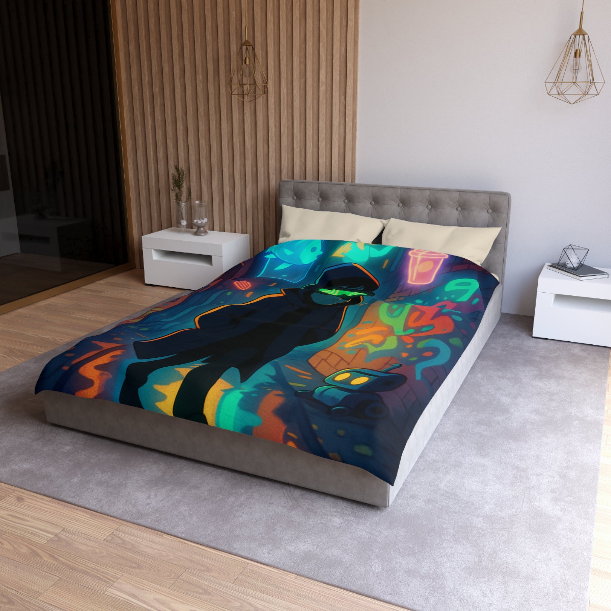 Housse de couette néon, ruelle urbaine cyberpunk avec technologie futuriste et graffitis colorés