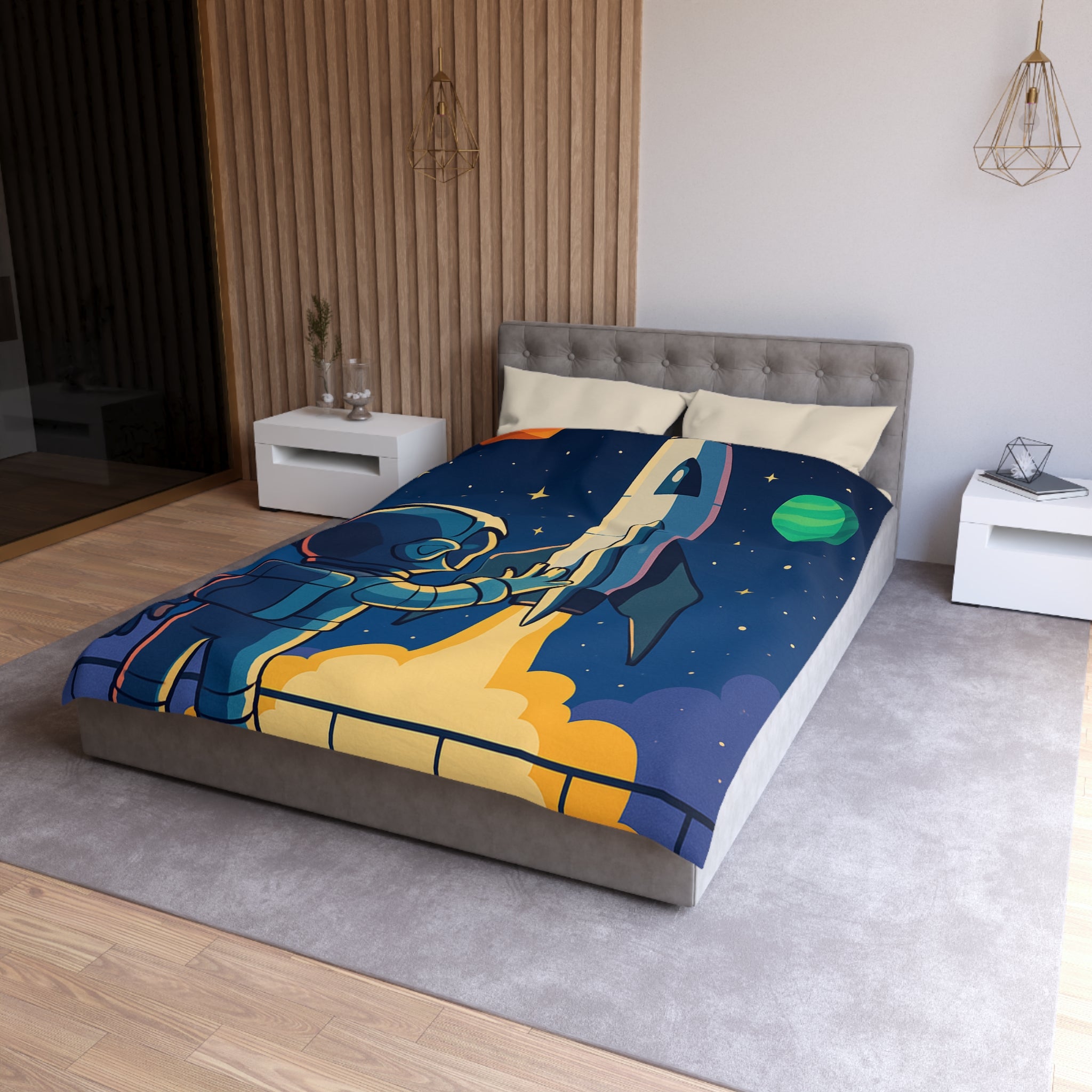 Housse de couette pour enfant avec design astronaute et fusée colorée dans l'espace